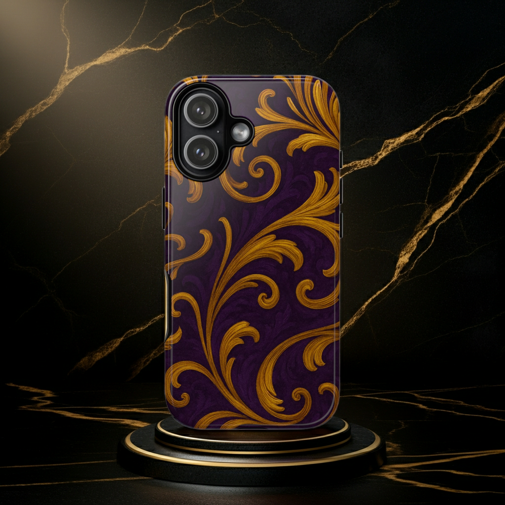 Ornate Golden Flourish Phone Case – GIORMA™ Purple & Gold Baroque Hard Shell