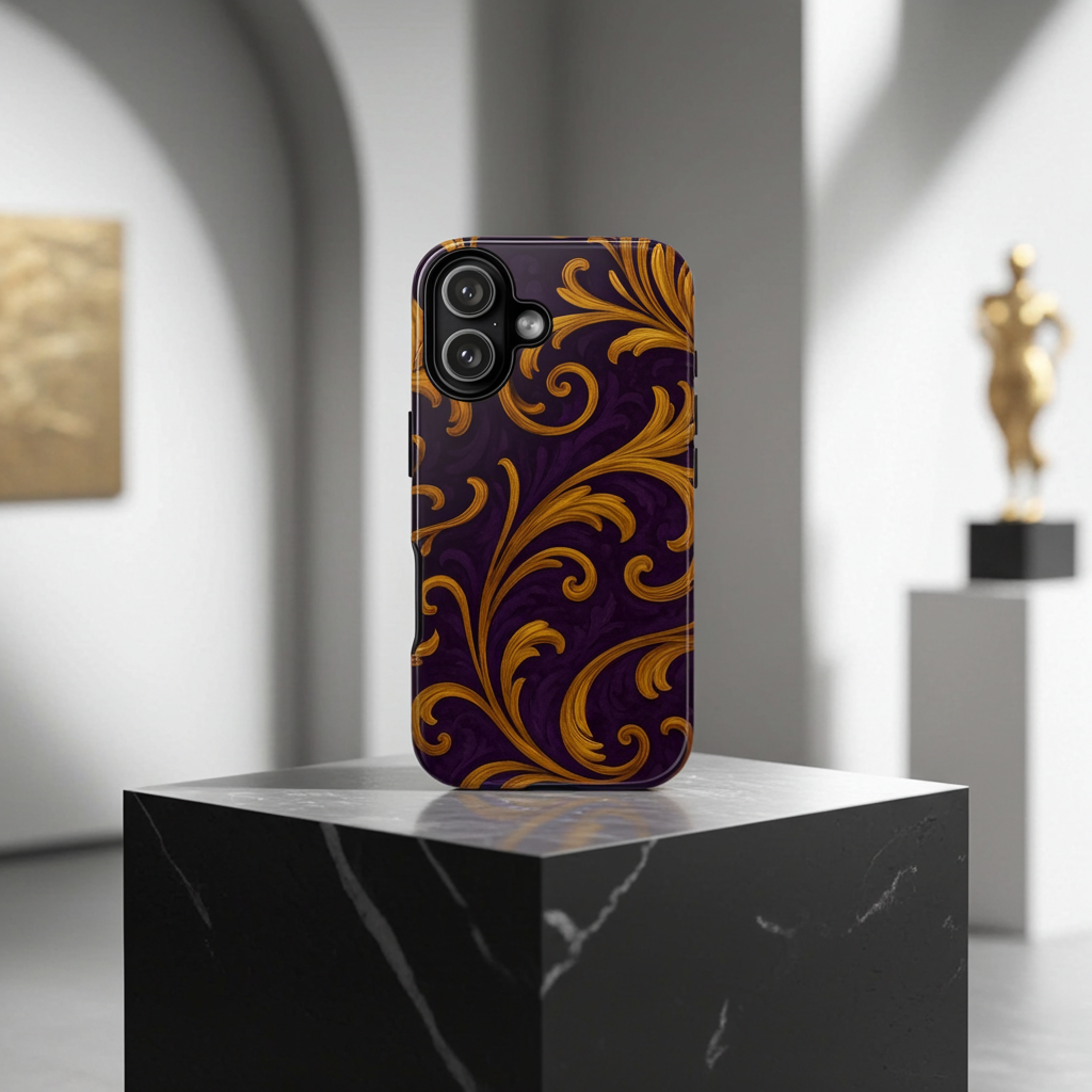 Ornate Golden Flourish Phone Case – GIORMA™ Purple & Gold Baroque Hard Shell