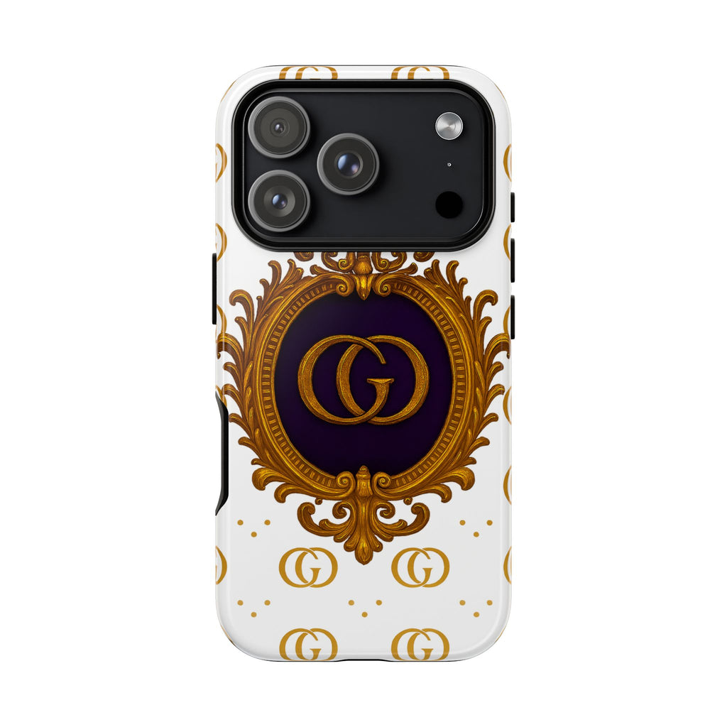Luxury Monogram Phone Case – GIORMA™ Ornate White Gold Crest Hard Shell