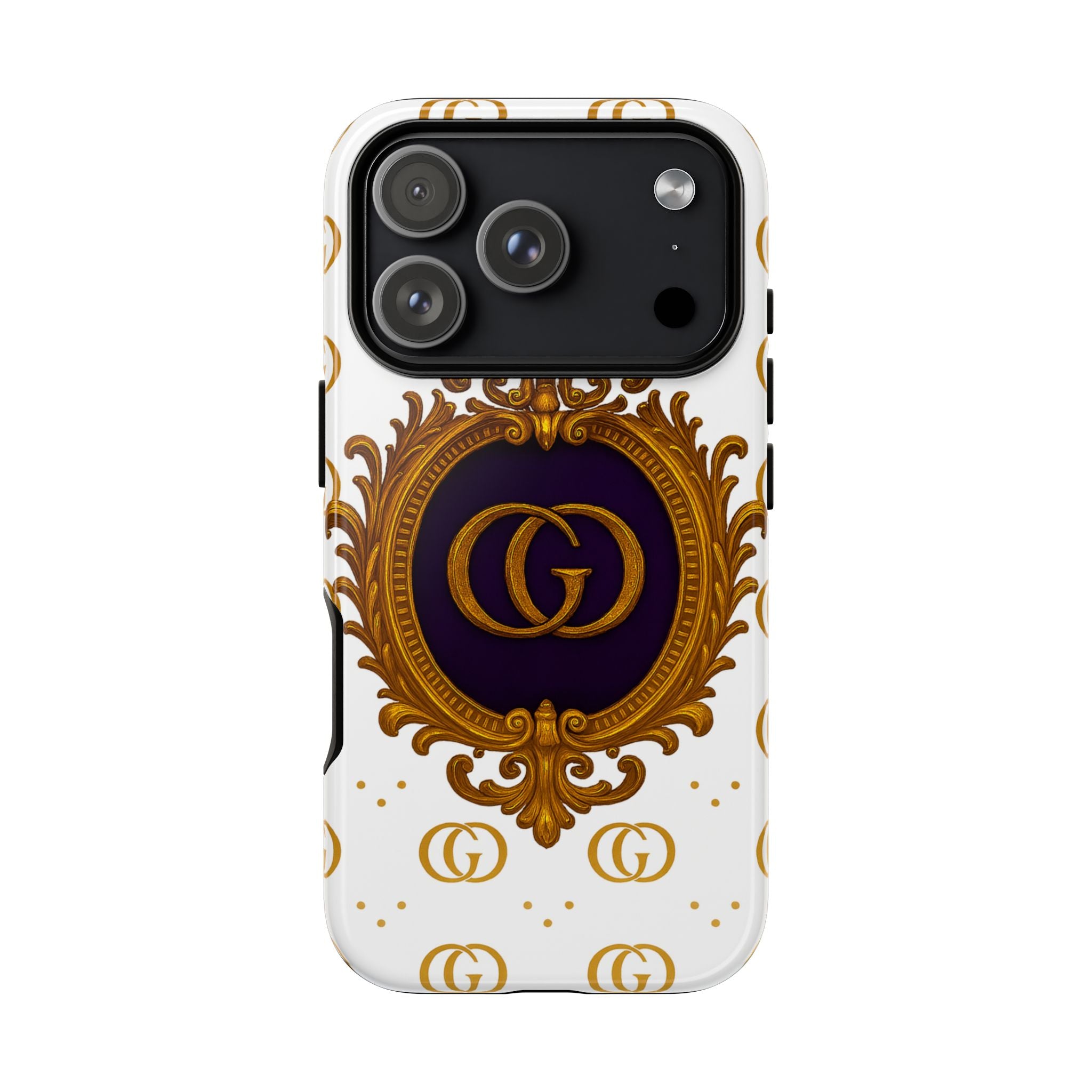 Luxury Monogram Phone Case – GIORMA™ Ornate White Gold Crest Hard Shell