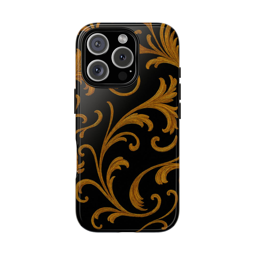Baroque Gold Scroll Phone Case – GIORMA™ Elegant Black & Gold Hard Shell
