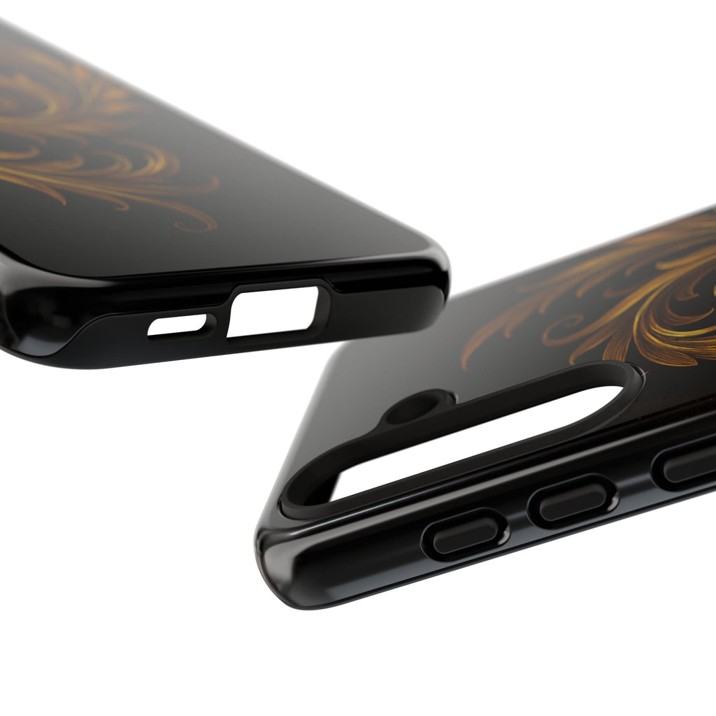 Luxury Gold Ornamental Phone Case – Black Baroque Swirl Glossy Hard Shell