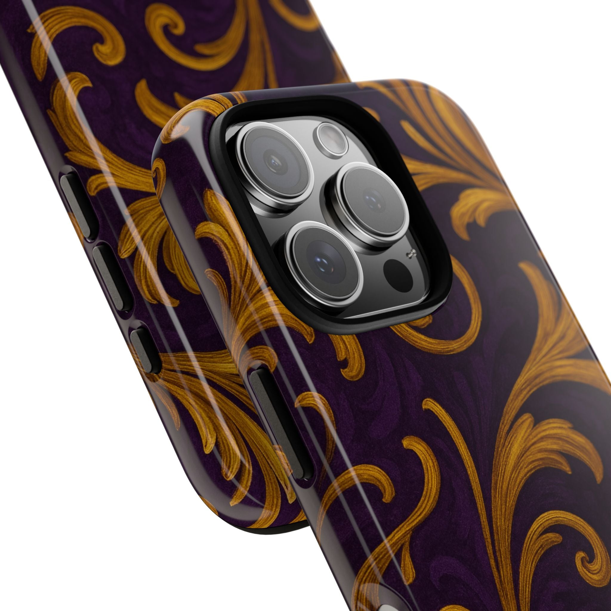 Ornate Golden Flourish Phone Case – GIORMA™ Purple & Gold Baroque Hard Shell