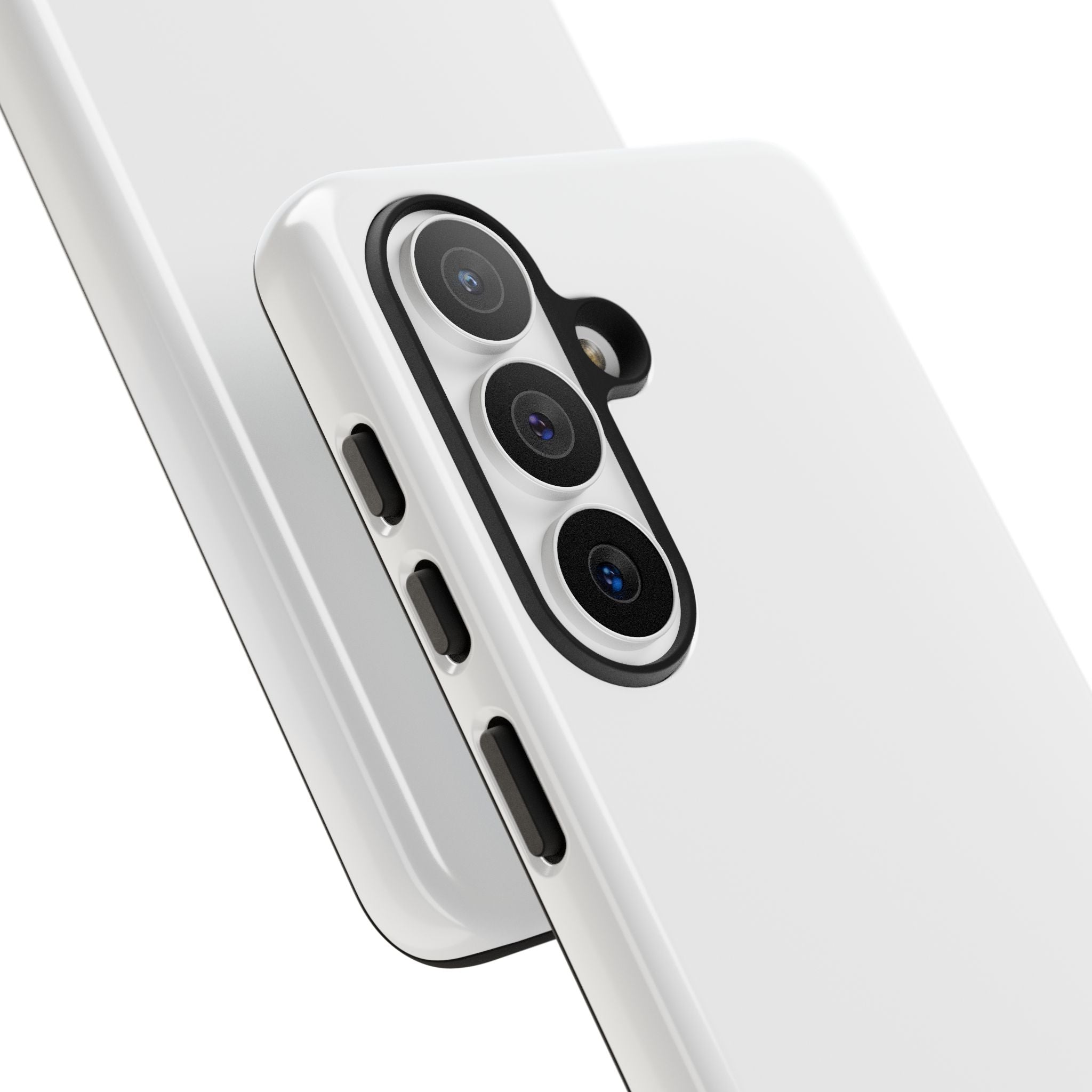 Close-up of a smartphone with a white case on a light gray background