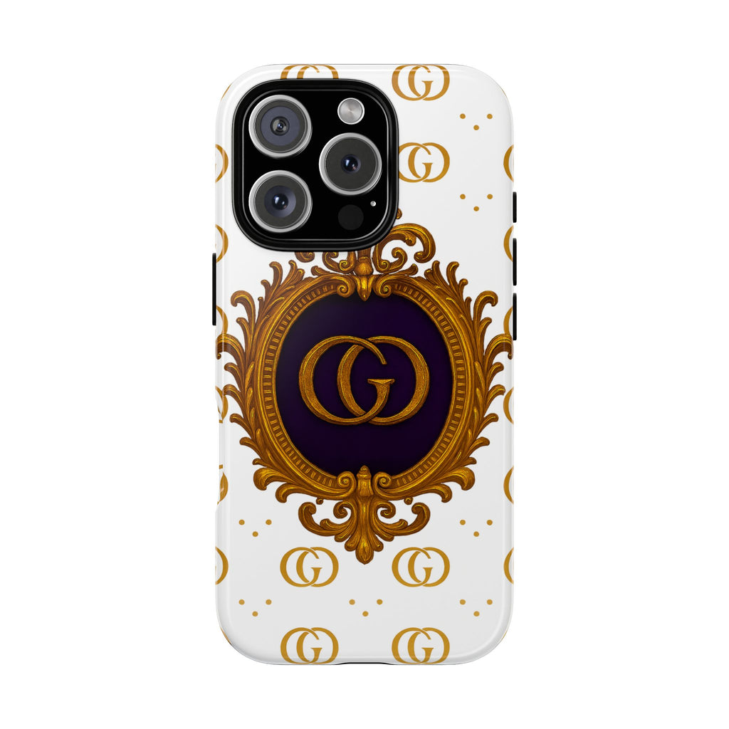 Luxury Monogram Phone Case – GIORMA™ Ornate White Gold Crest Hard Shell