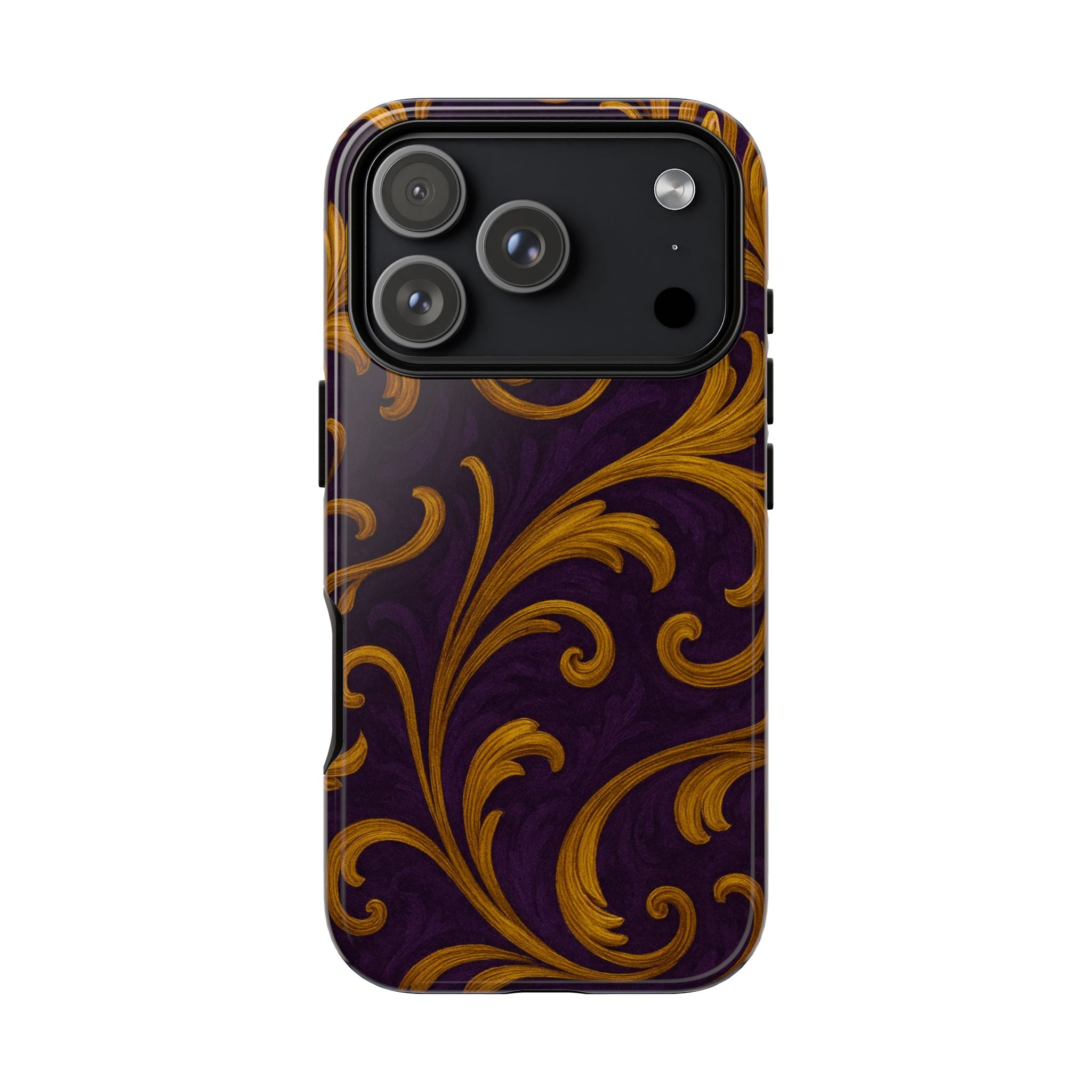 Ornate Golden Flourish Phone Case – GIORMA™ Purple & Gold Baroque Hard Shell