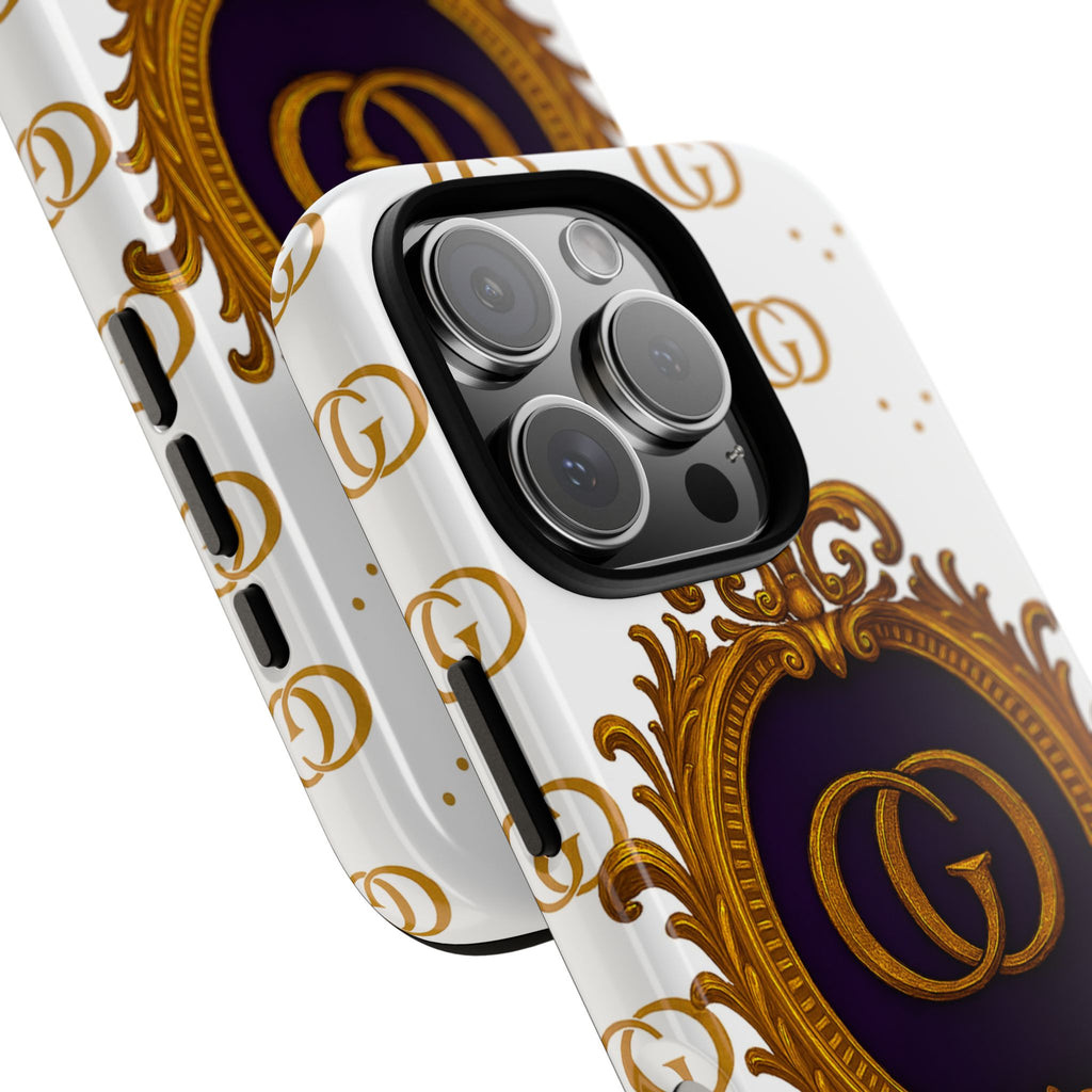 Luxury Monogram Phone Case – GIORMA™ Ornate White Gold Crest Hard Shell