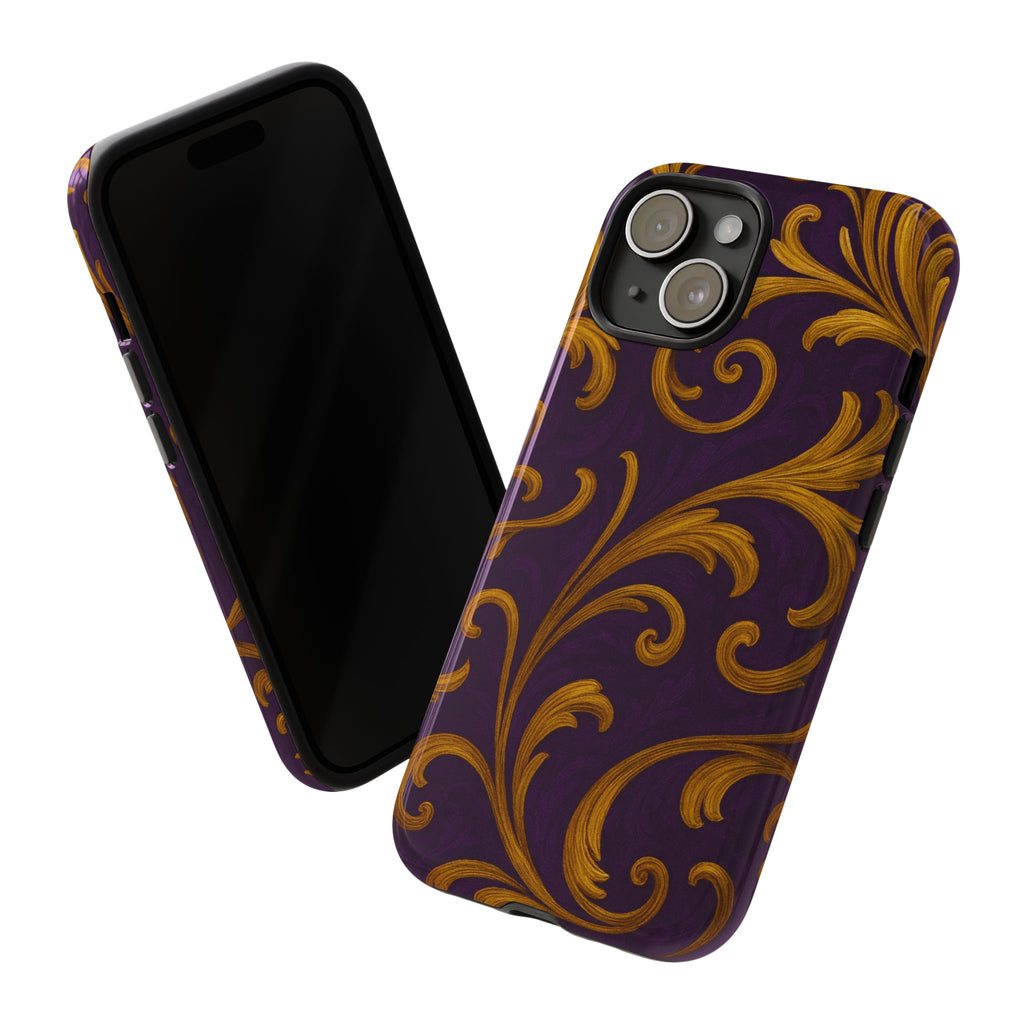 Ornate Golden Flourish Phone Case – GIORMA™ Purple & Gold Baroque Hard Shell