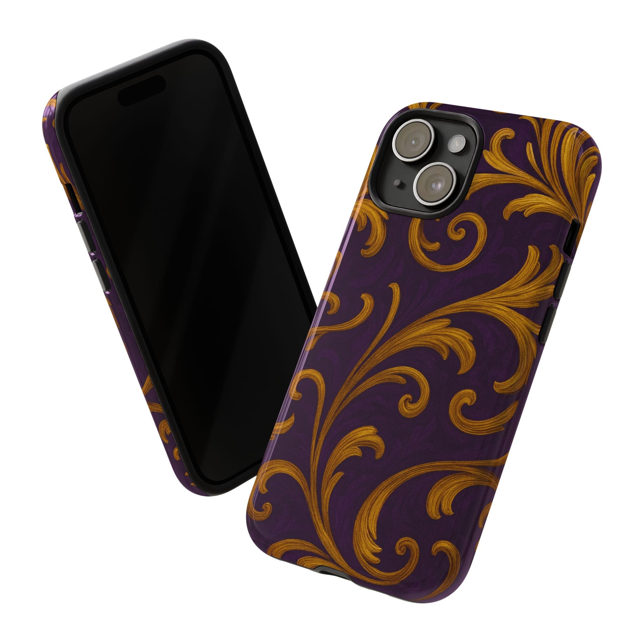 Ornate Golden Flourish Phone Case – GIORMA™ Purple & Gold Baroque Hard Shell