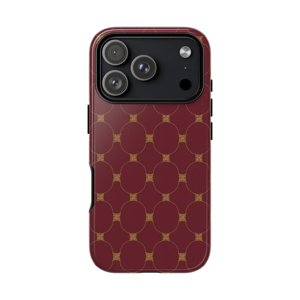 Luxury Geometric Phone Case — GIORMA™ Burgundy & Gold Circle Pattern Hard Shell