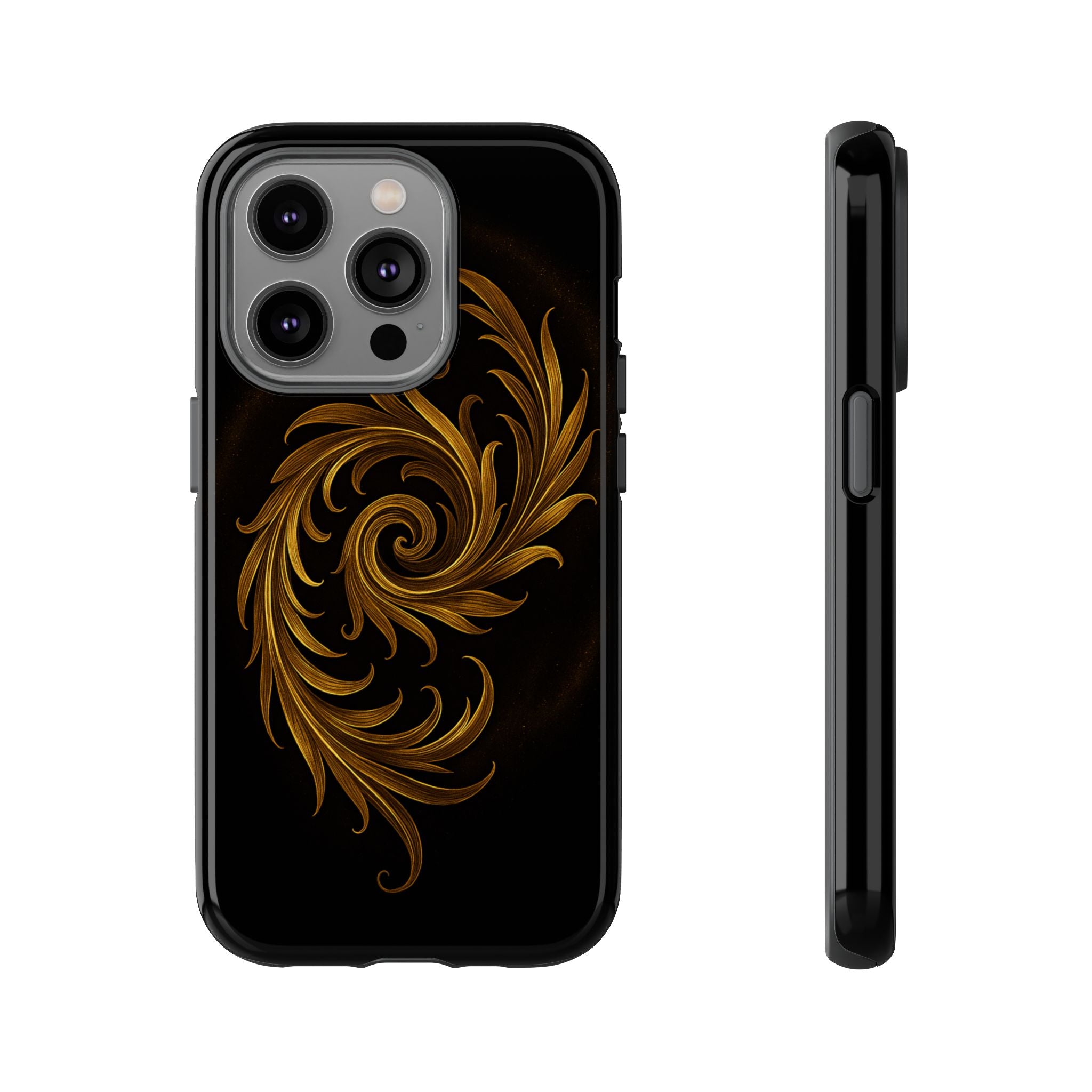 Luxury Gold Ornamental Phone Case – Black Baroque Swirl Glossy Hard Shell