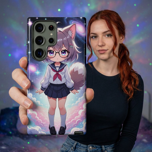 Anime Chibi Girl Phone Case – Kawaii Cosmic Cat‑Ear Character Glossy Hard Shell