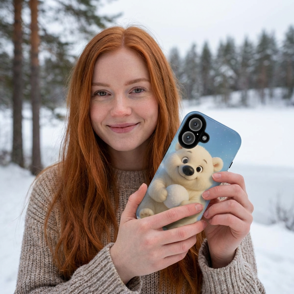 A person outdoors in a snowy winter setting holding a phone with a cute blue polar bear snowball phone case.
