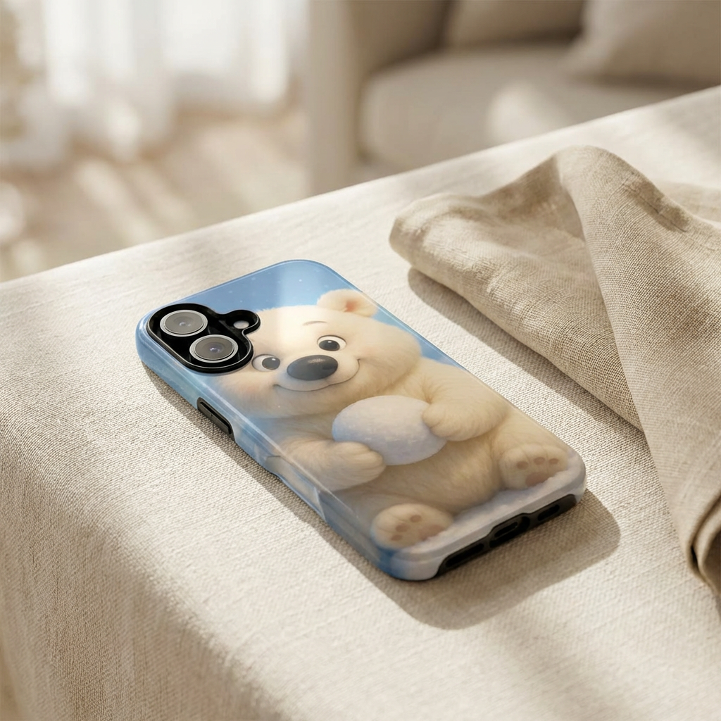 Cute Polar Bear Phone Case – Kawaii Winter Snowball Cartoon Blue Glossy Hard Shell
