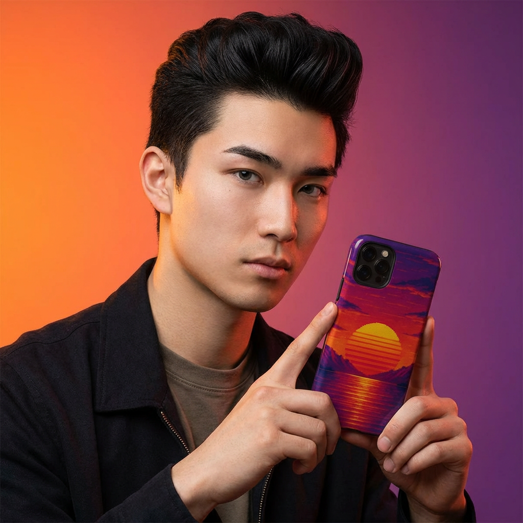 Sunset Vaporwave Phone Case – Retro 80s Synthwave Mountain Landscape Glossy Hard Shell