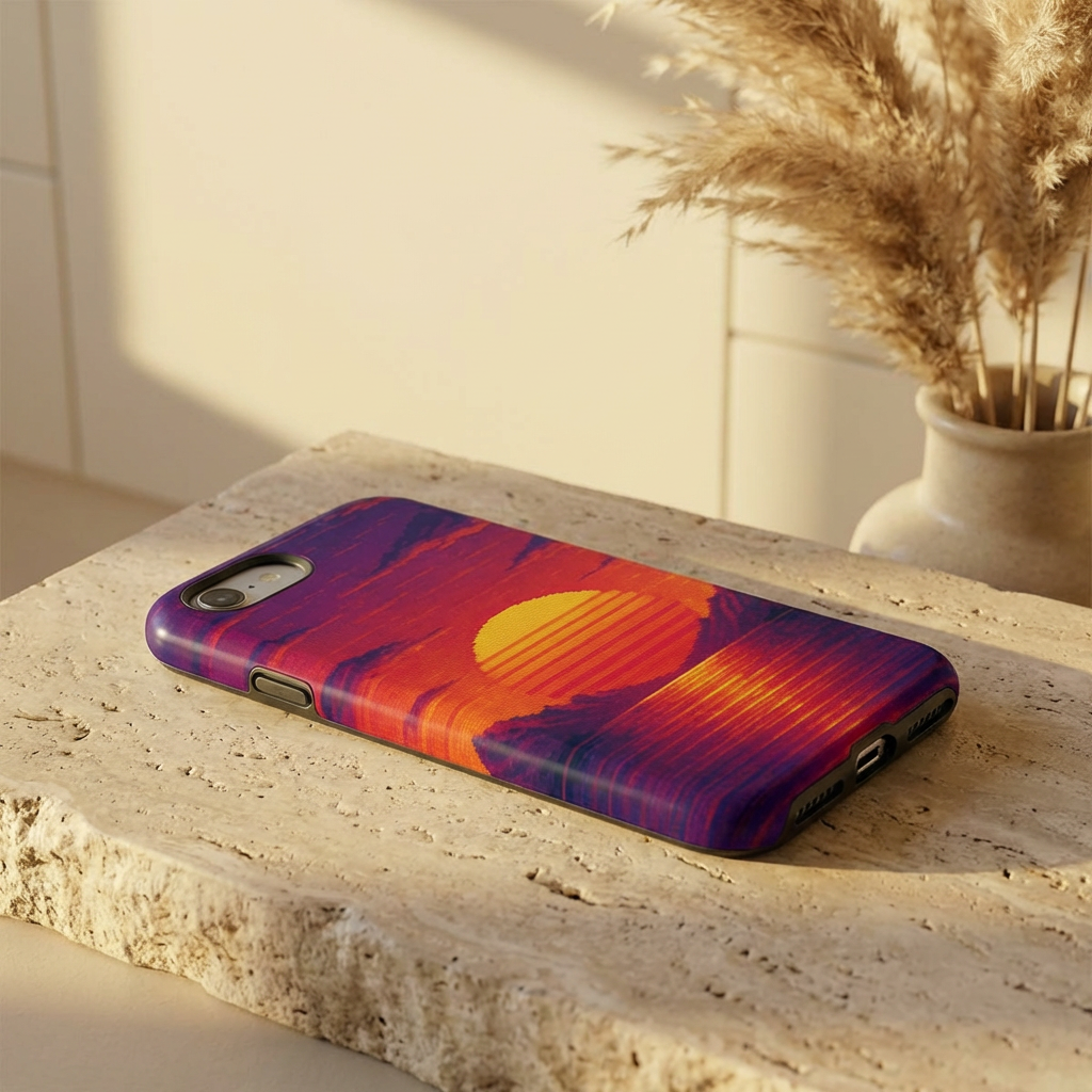 Sunset Vaporwave Phone Case – Retro 80s Synthwave Mountain Landscape Glossy Hard Shell