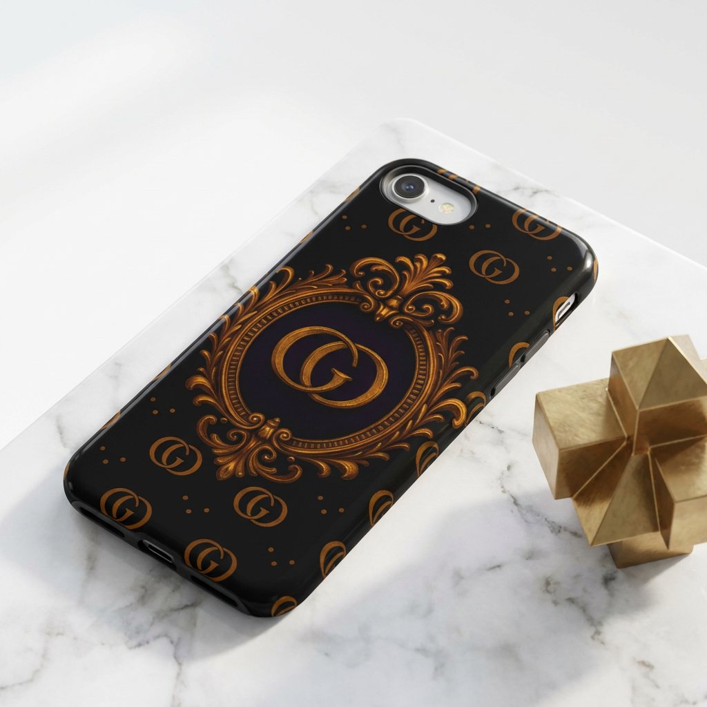 Luxury Ornate Monogram Phone Case – GIORMA™ Gold Emblem Baroque Glossy Hard Shell