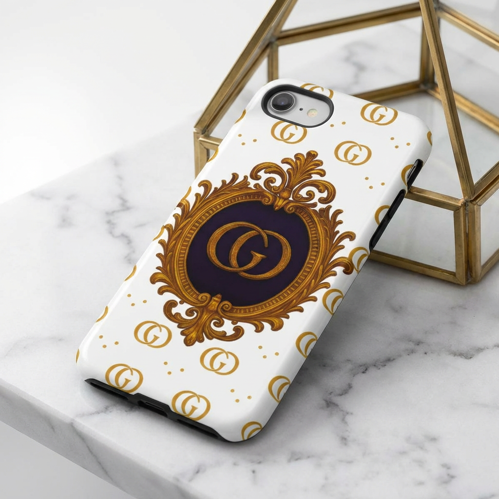 Luxury Monogram Phone Case – GIORMA™ Ornate White Gold Crest Hard Shell