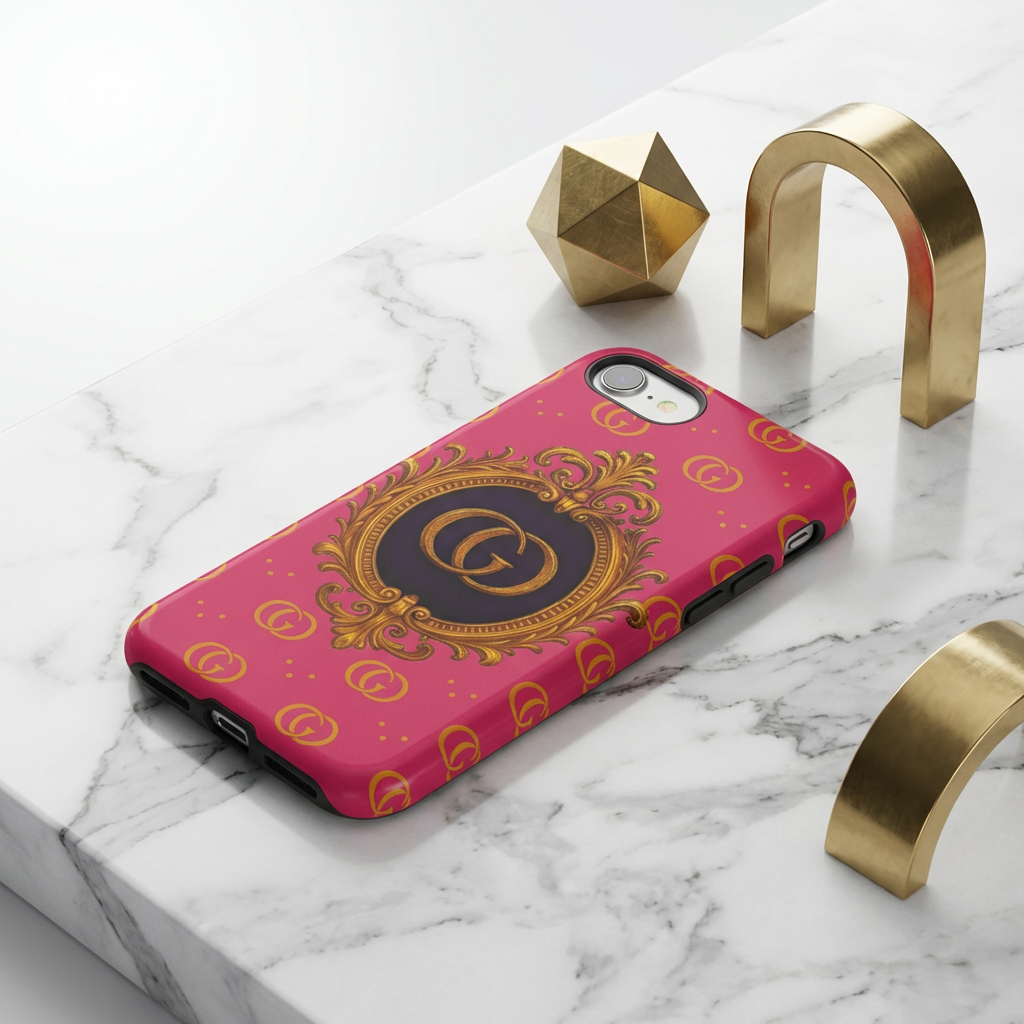 Luxury Pink Monogram Phone Case – GIORMA™ Gold Crest Designer‑Inspired Hard Shell