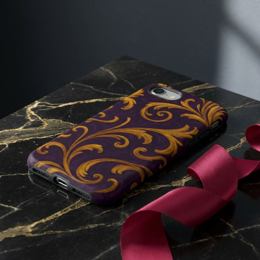 Ornate Golden Flourish Phone Case – GIORMA™ Purple & Gold Baroque Hard Shell