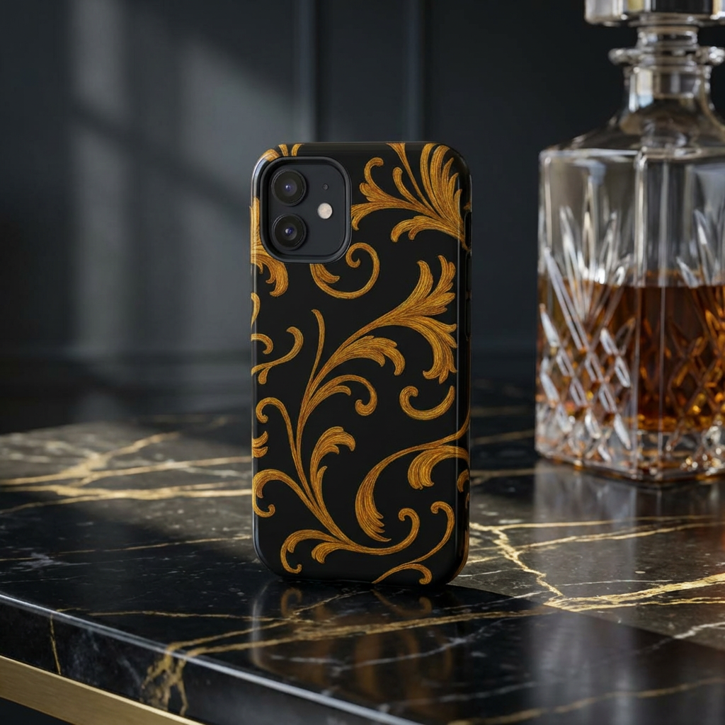 Baroque Gold Scroll Phone Case – GIORMA™ Elegant Black & Gold Hard Shell