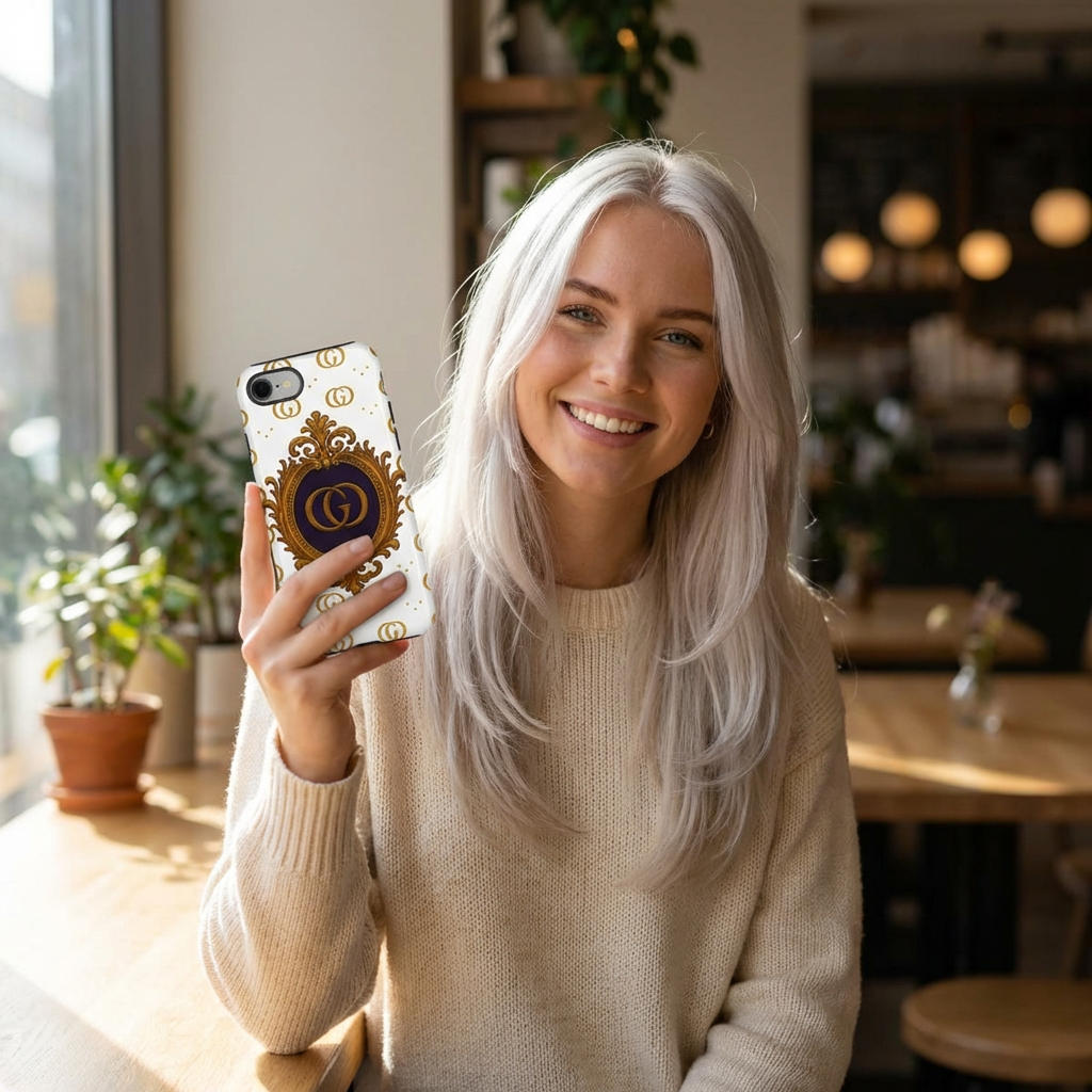 Luxury Monogram Phone Case – GIORMA™ Ornate White Gold Crest Hard Shell