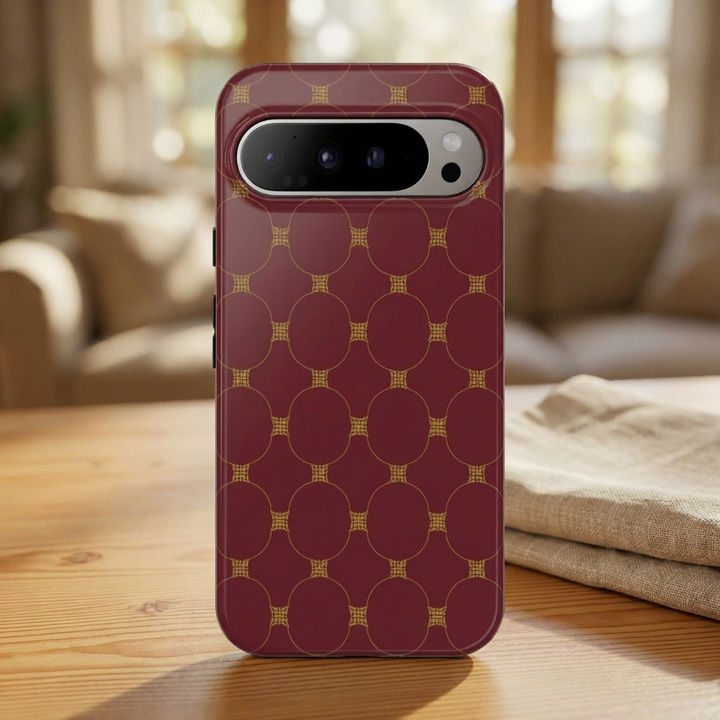 Luxury Geometric Phone Case — GIORMA™ Burgundy & Gold Circle Pattern Hard Shell