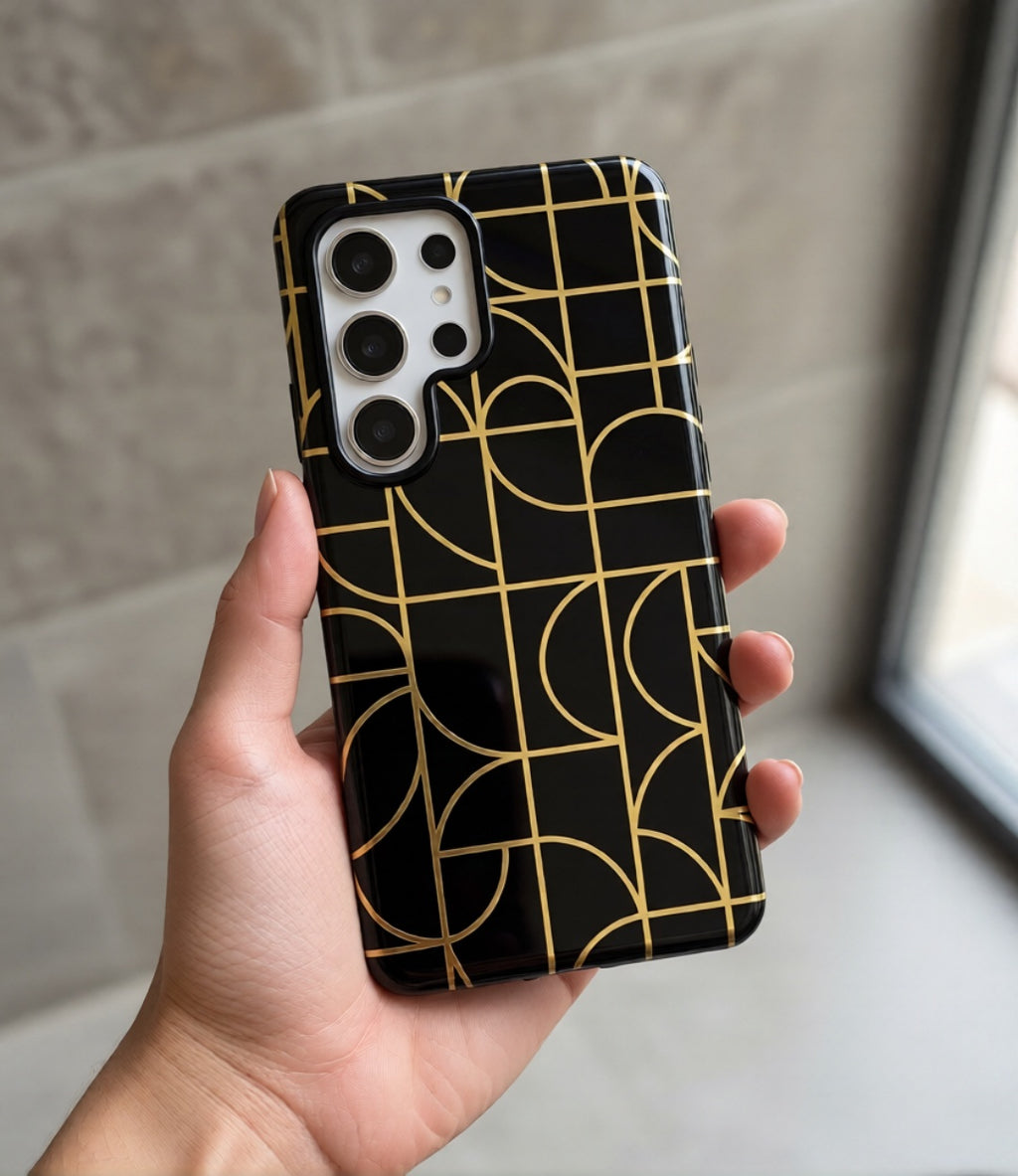 GIORMA™ Signature Geometry Phone Case – Black & Gold Architectural Hard Shell