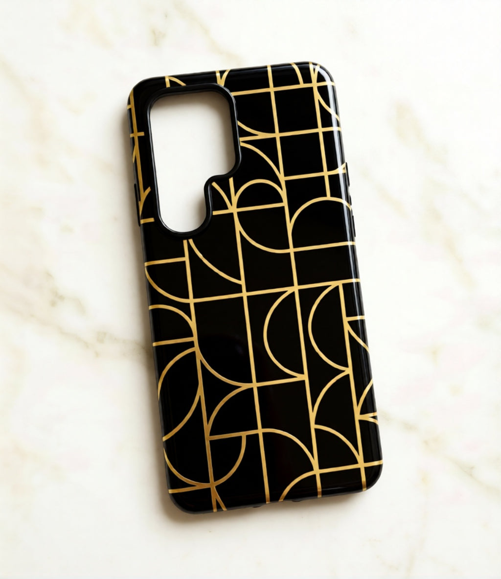 GIORMA™ Signature Geometry Phone Case – Black & Gold Architectural Hard Shell