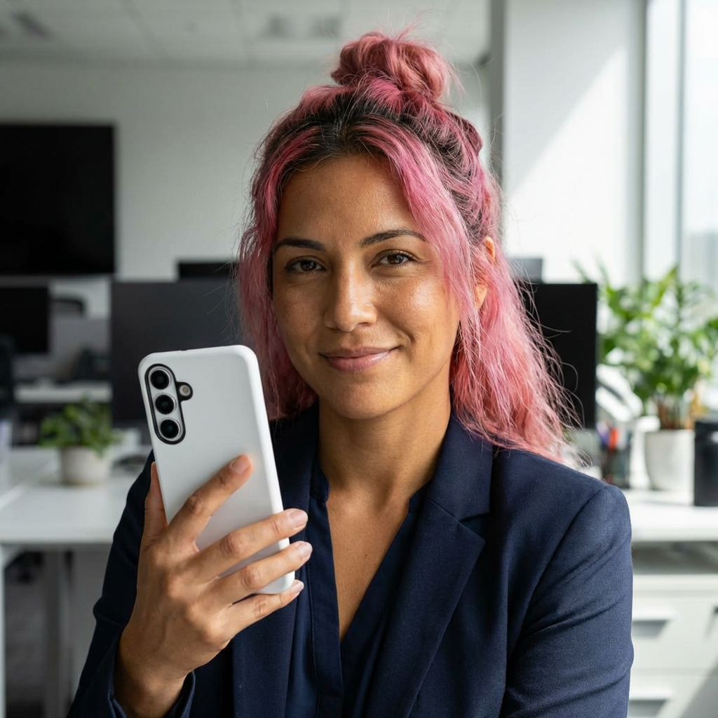 Woman with pink hair holding a phone in an office setting