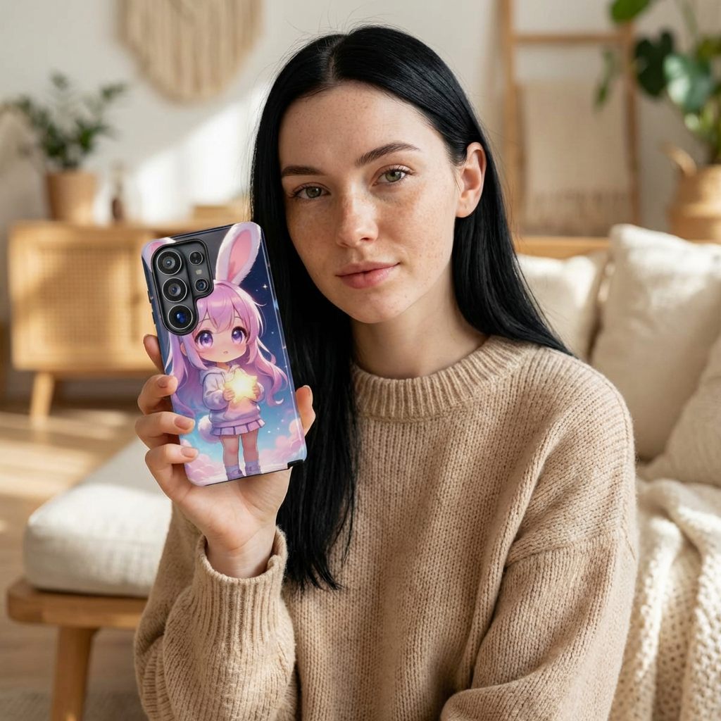 A person sitting indoors holding a phone with a pink bunny character phone case against a soft, cozy background.