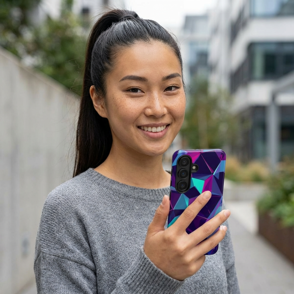 Geometric Neon Prism Phone Case – Purple & Blue Abstract Pattern Hard Shell