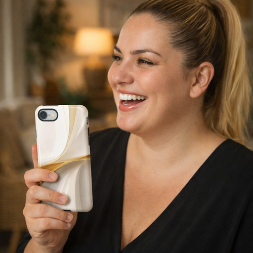 Woman holding a phone with a decorative case, smiling in a warm indoor setting