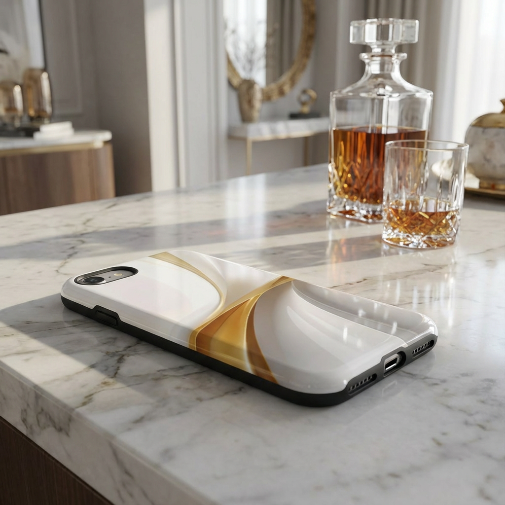Phone case with marble and gold design on a marble surface with a decanter and glass in the background.