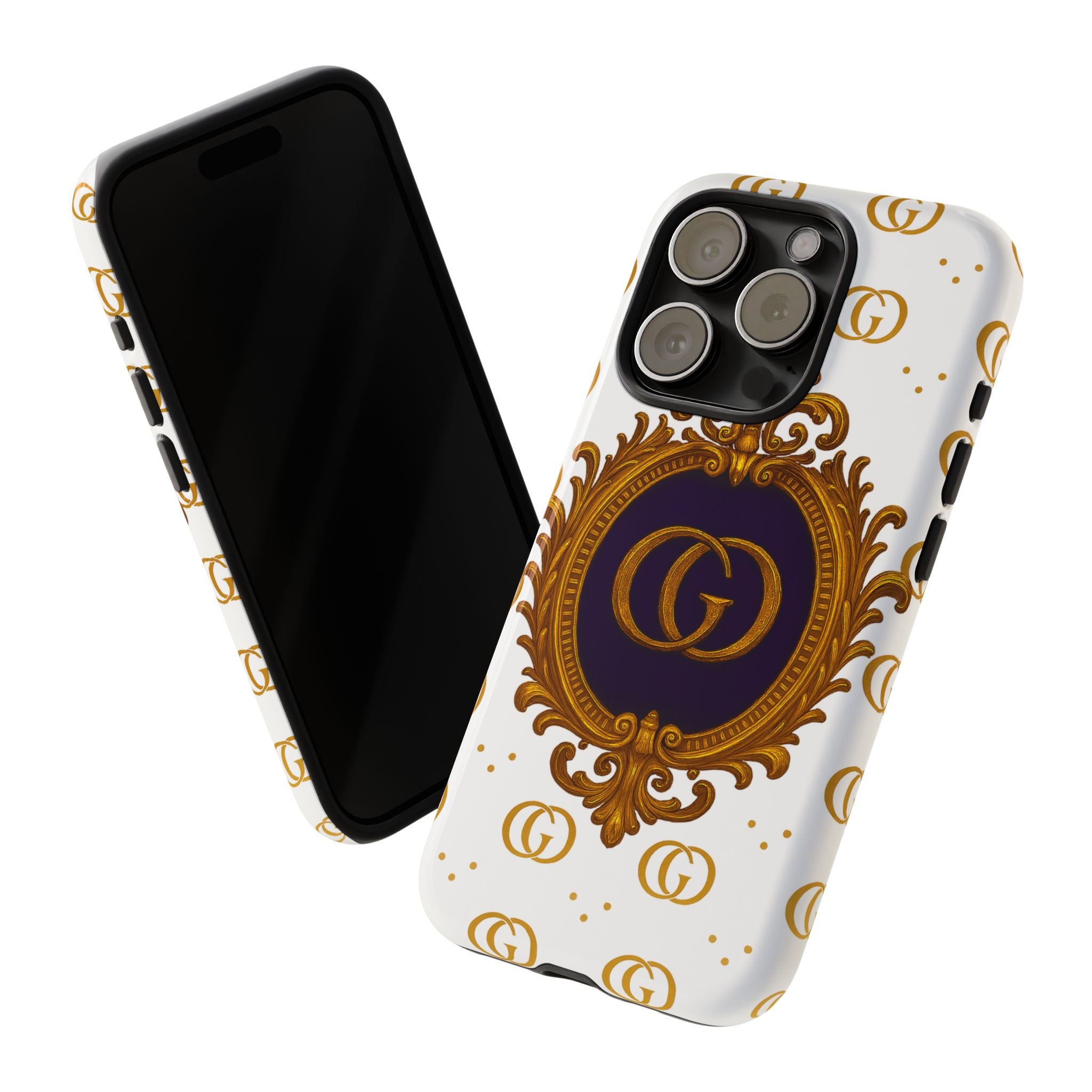 Luxury Monogram Phone Case – GIORMA™ Ornate White Gold Crest Hard Shell