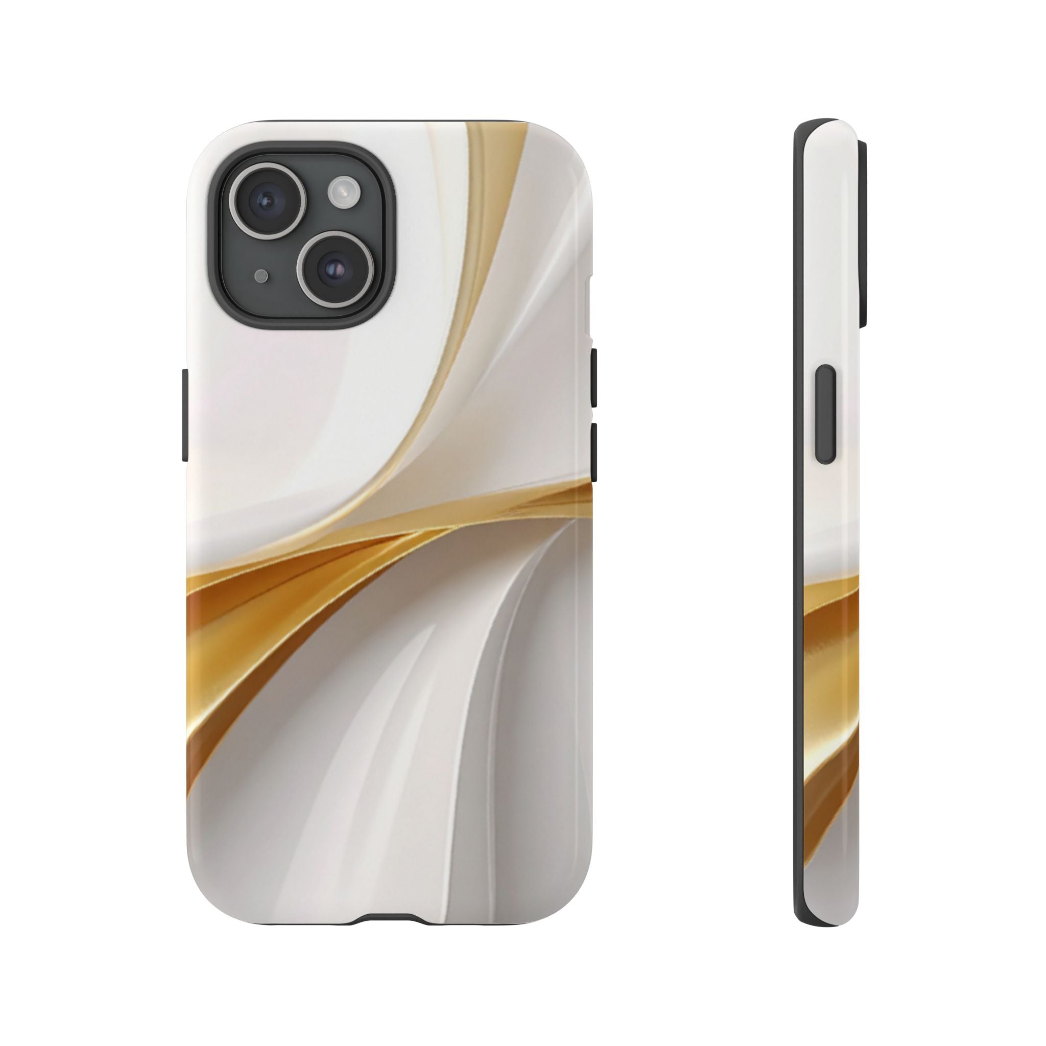Phone case with wavy gold and white design on a white background