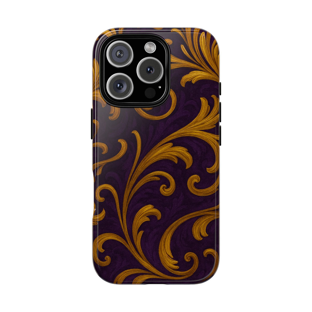 Ornate Golden Flourish Phone Case – GIORMA™ Purple & Gold Baroque Hard Shell
