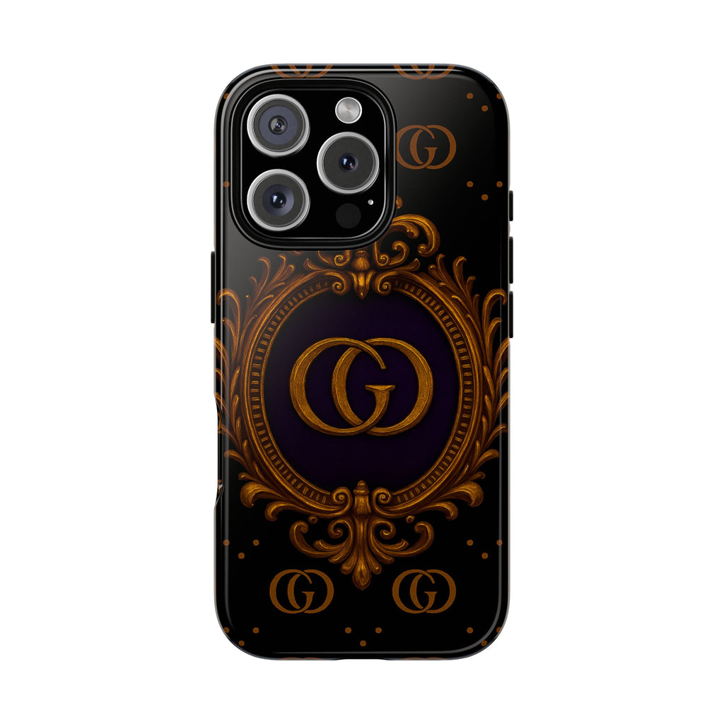 Luxury Ornate Monogram Phone Case – GIORMA™ Gold Emblem Baroque Glossy Hard Shell
