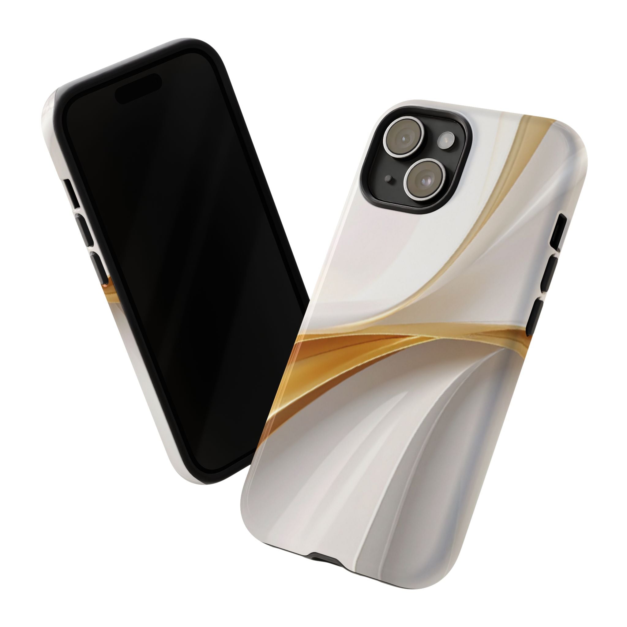 Phone case with gold and white design on a white background