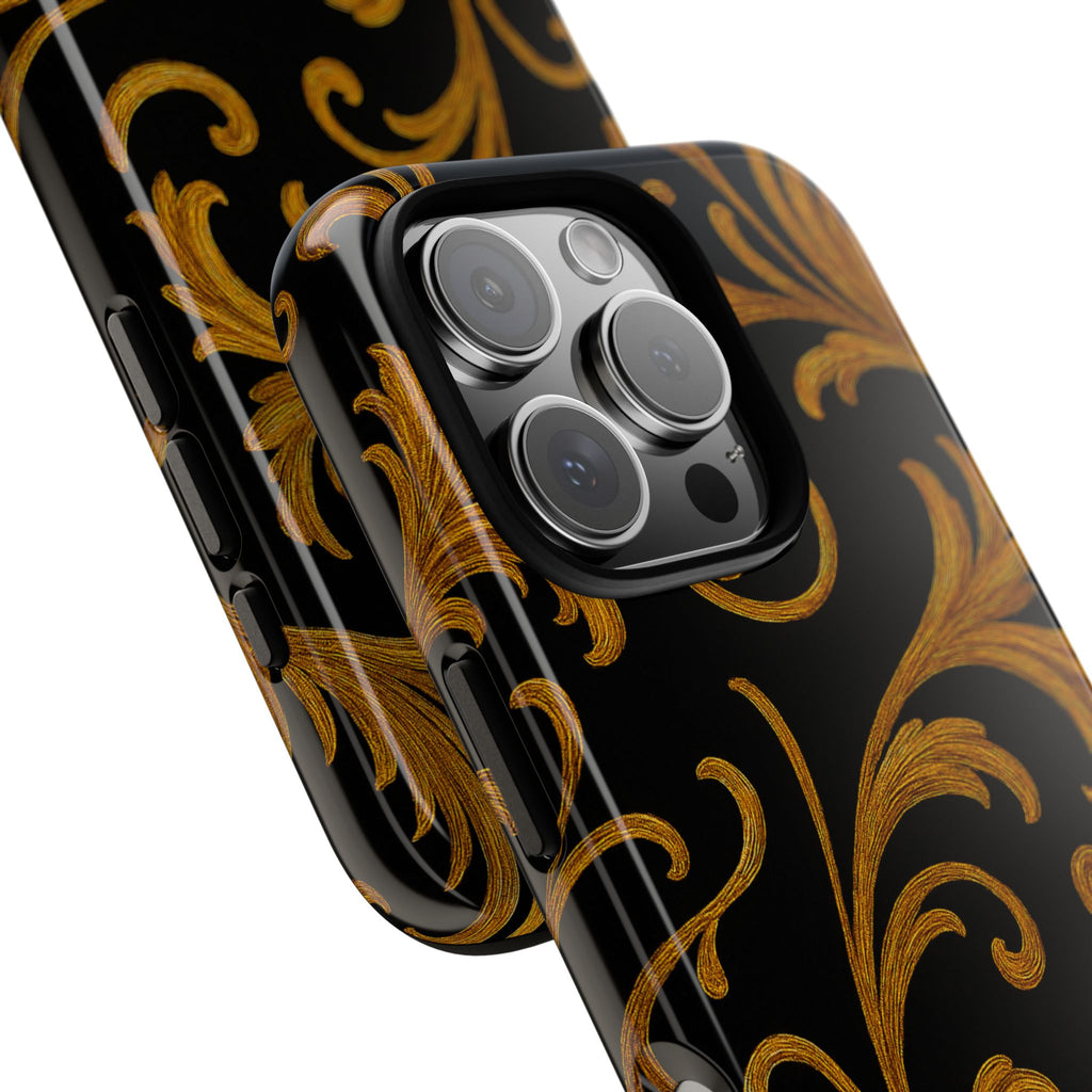 Baroque Gold Scroll Phone Case – GIORMA™ Elegant Black & Gold Hard Shell