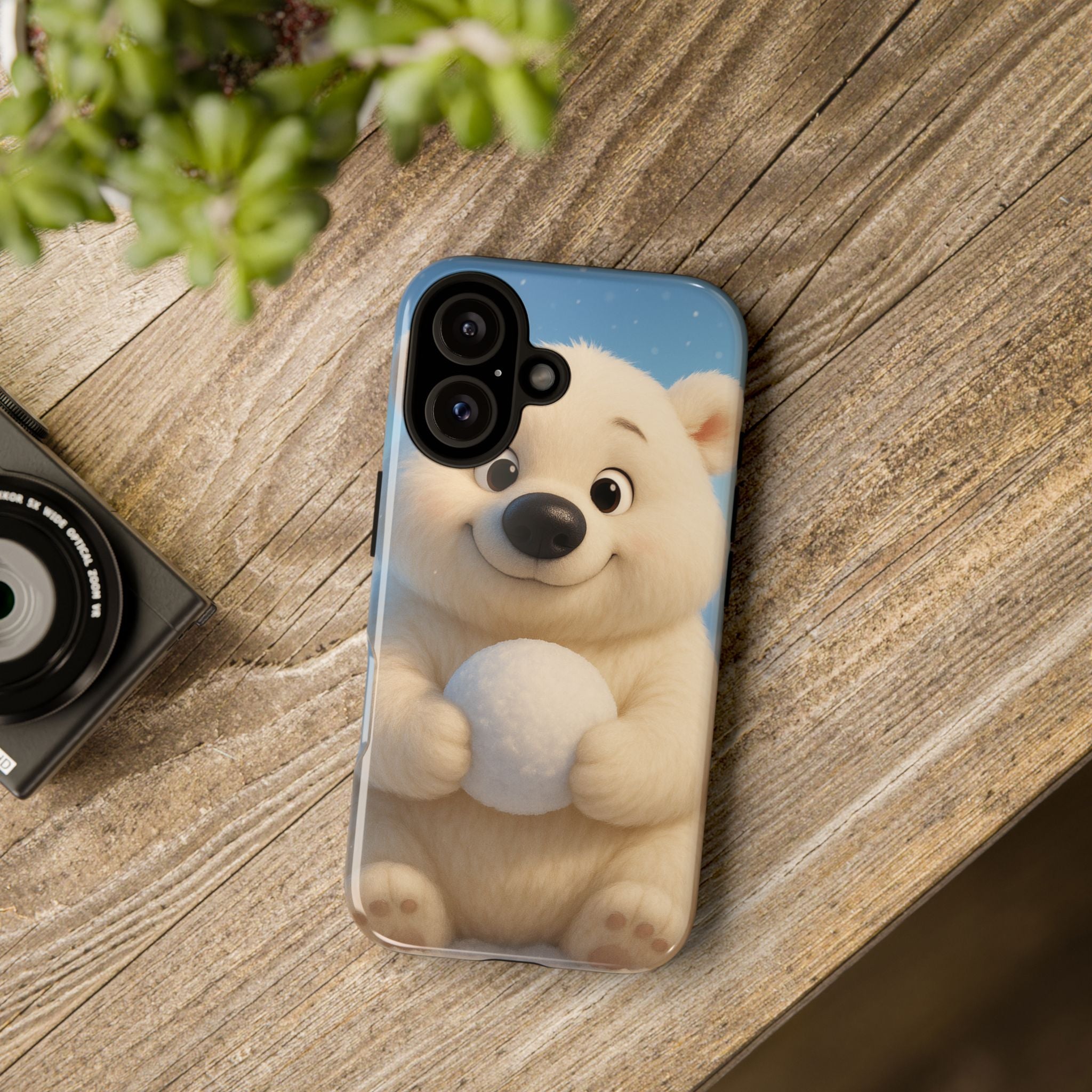 Cute Polar Bear Phone Case – Kawaii Winter Snowball Cartoon Blue Glossy Hard Shell