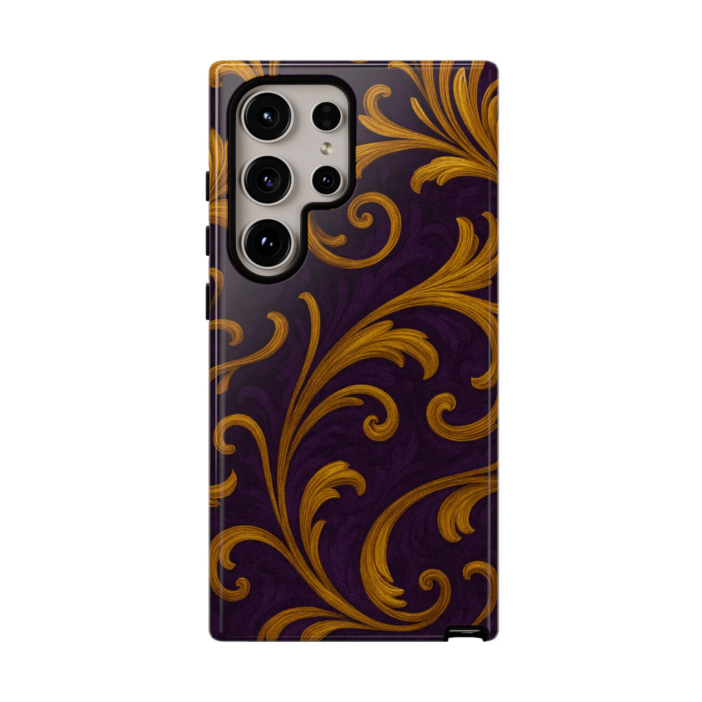 Ornate Golden Flourish Phone Case – GIORMA™ Purple & Gold Baroque Hard Shell