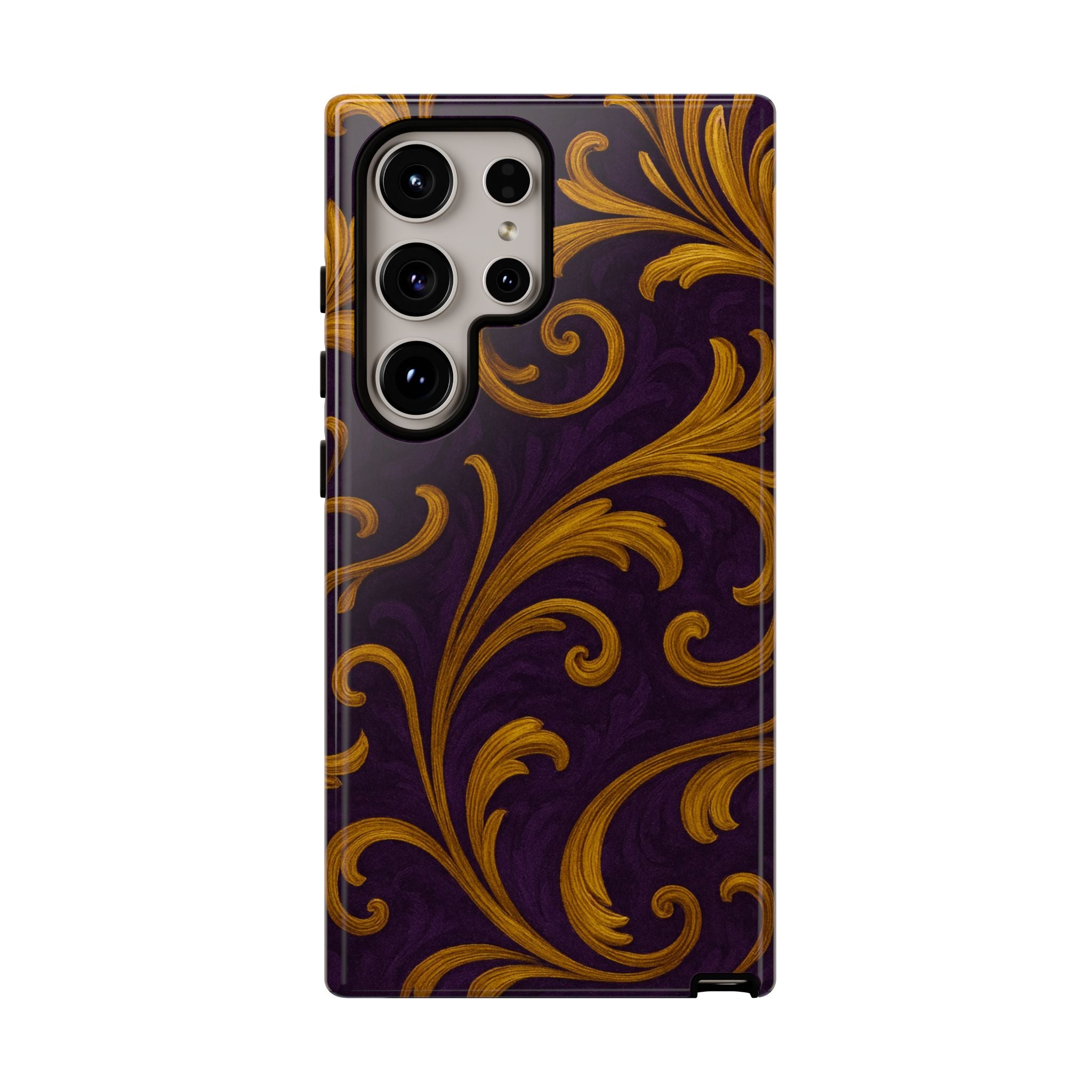 Ornate Golden Flourish Phone Case – GIORMA™ Purple & Gold Baroque Hard Shell