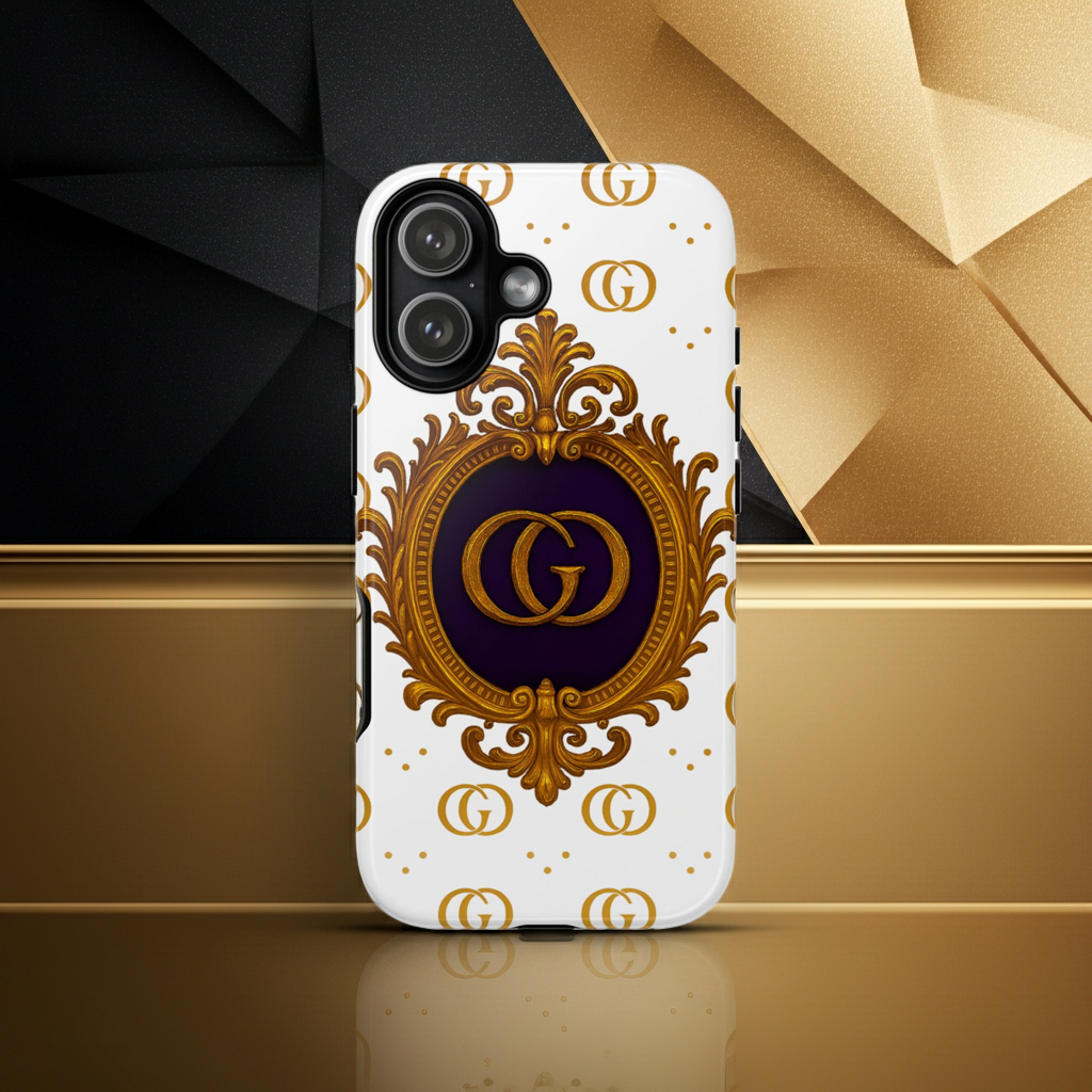 Luxury Monogram Phone Case – GIORMA™ Ornate White Gold Crest Hard Shell