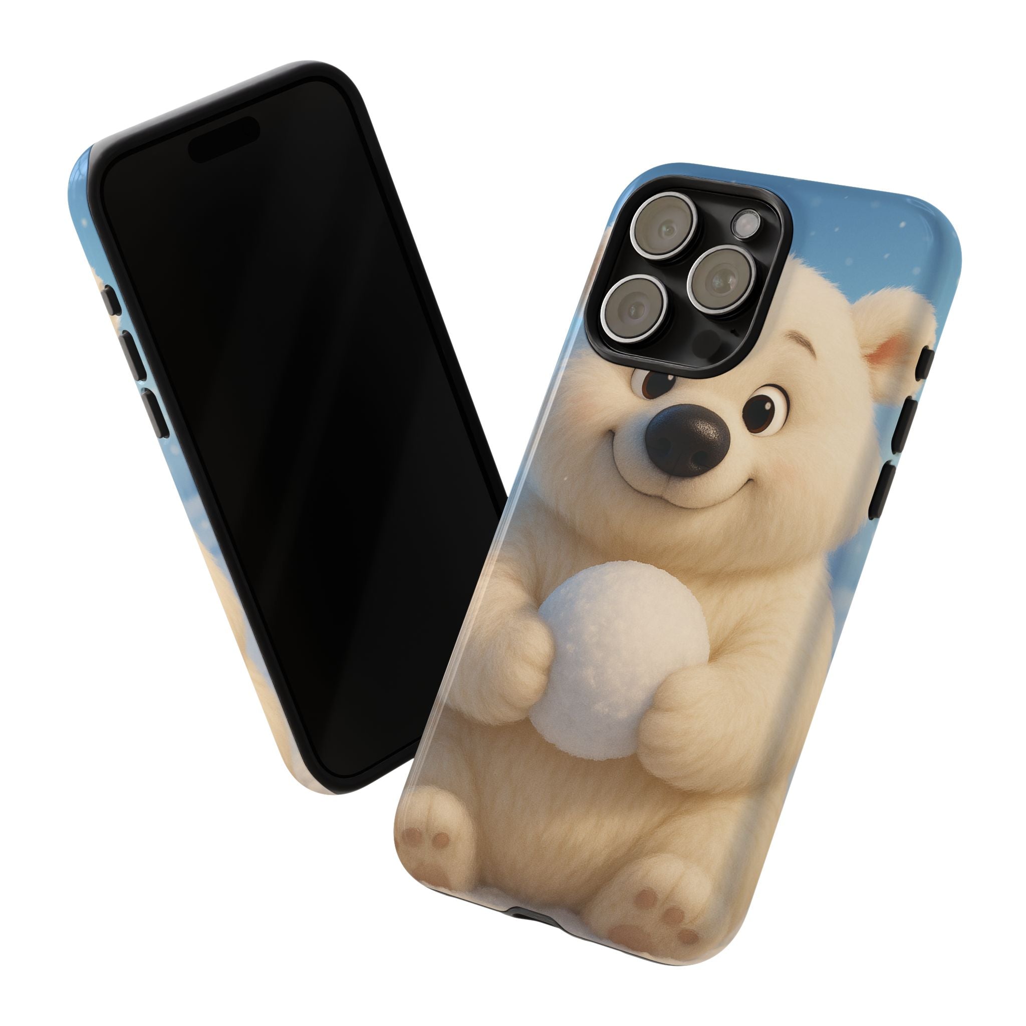 Cute Polar Bear Phone Case – Kawaii Winter Snowball Cartoon Blue Glossy Hard Shell