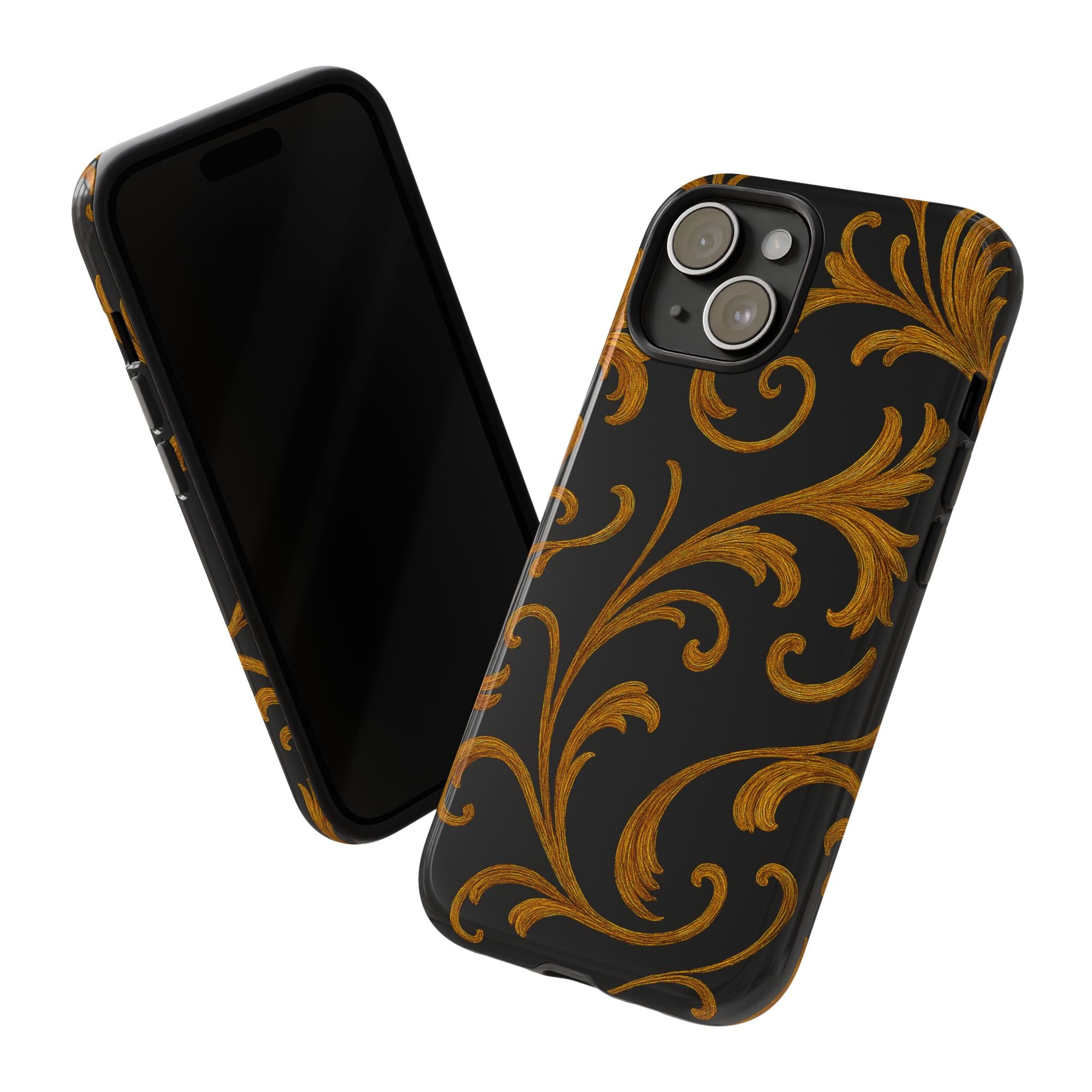 Baroque Gold Scroll Phone Case – GIORMA™ Elegant Black & Gold Hard Shell