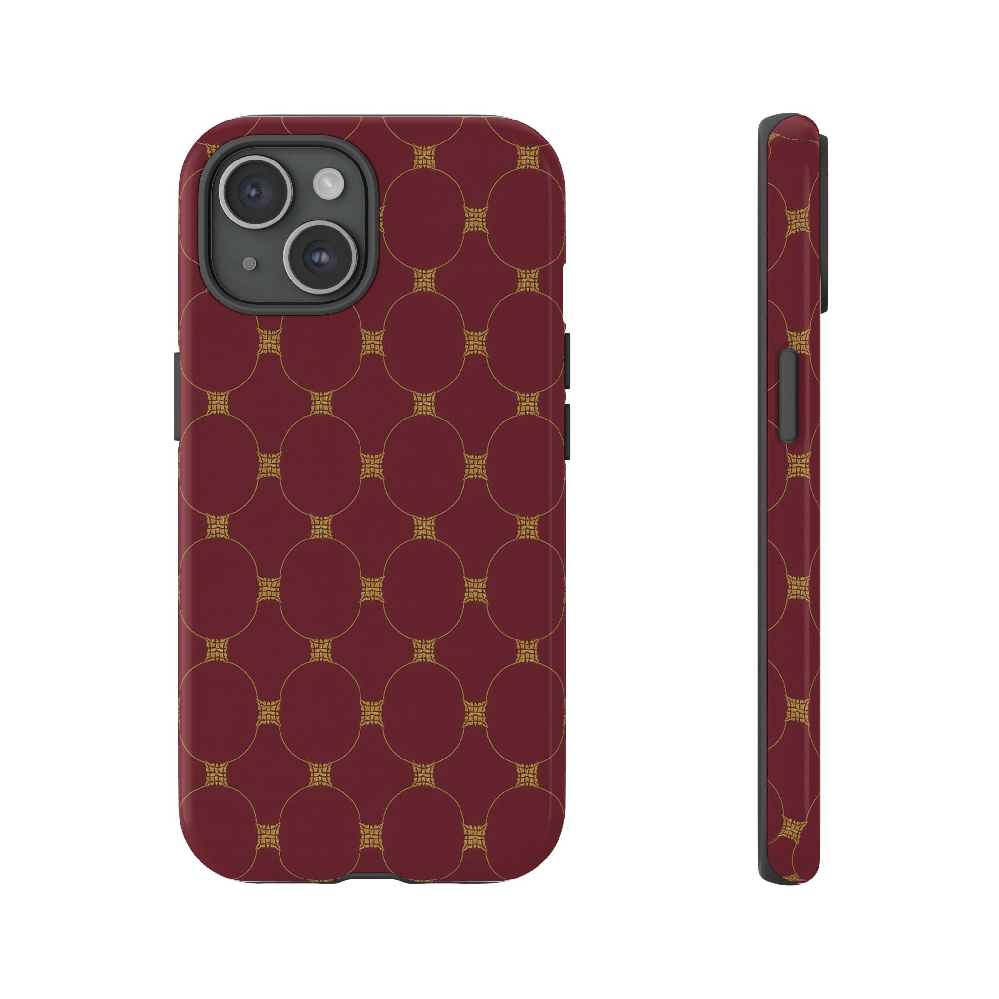 Luxury Geometric Phone Case — GIORMA™ Burgundy & Gold Circle Pattern Hard Shell
