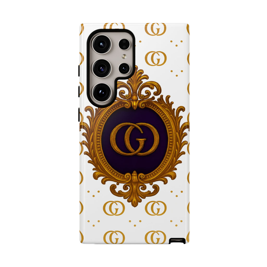Luxury Monogram Phone Case – GIORMA™ Ornate White Gold Crest Hard Shell