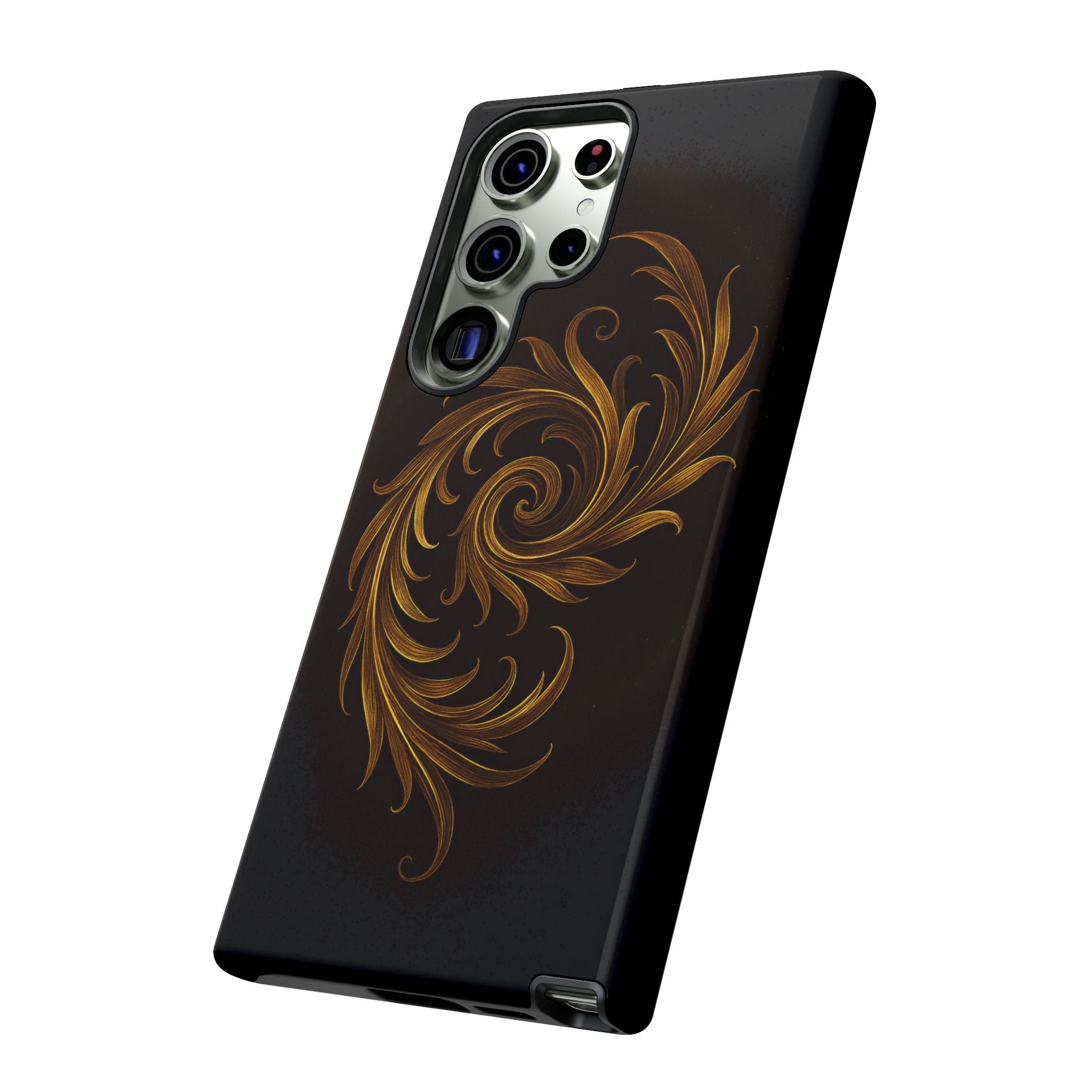 Luxury Gold Ornamental Phone Case – Black Baroque Swirl Glossy Hard Shell