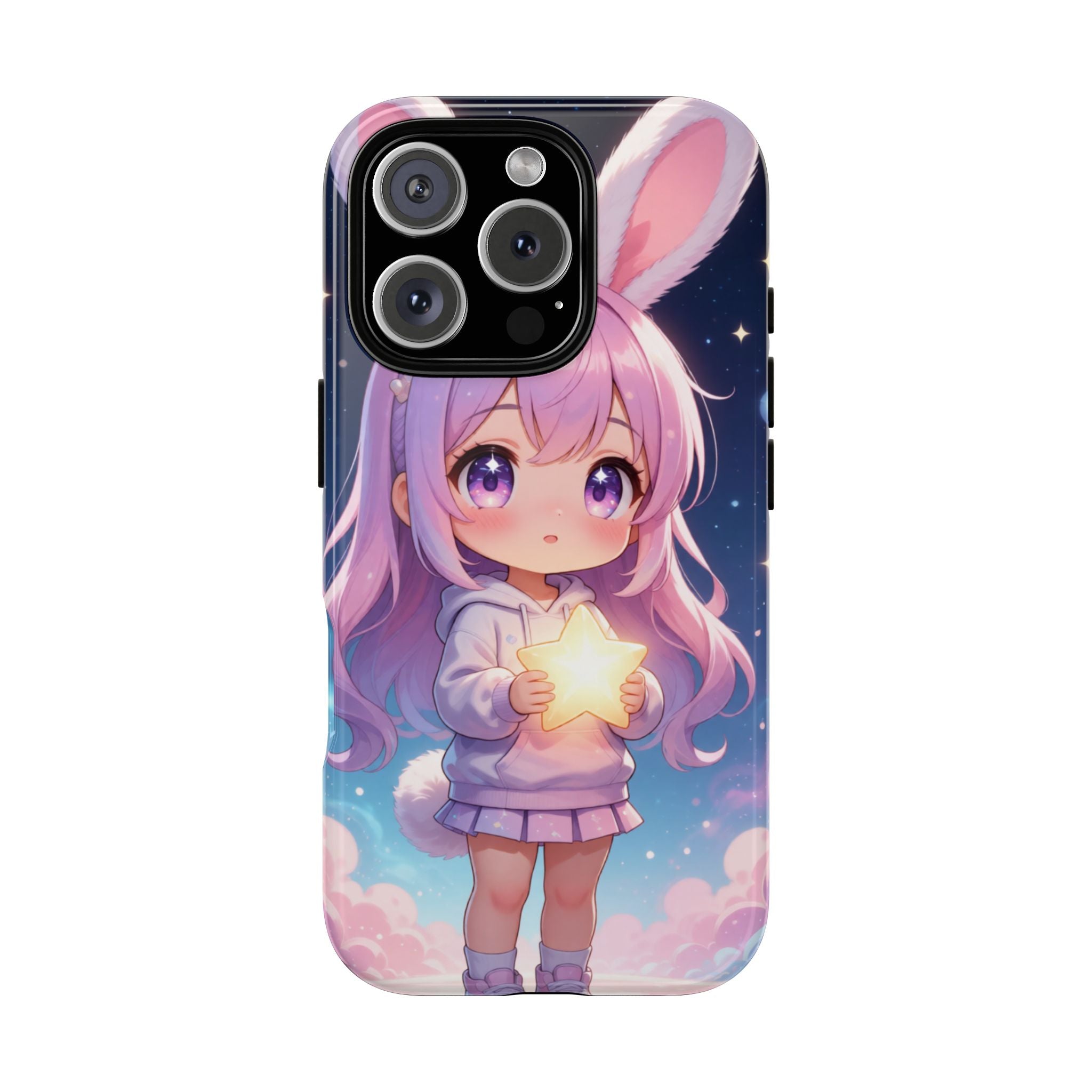 Cute Bunny Girl Phone Case – Kawaii Star Night Aesthetic Hard Shell